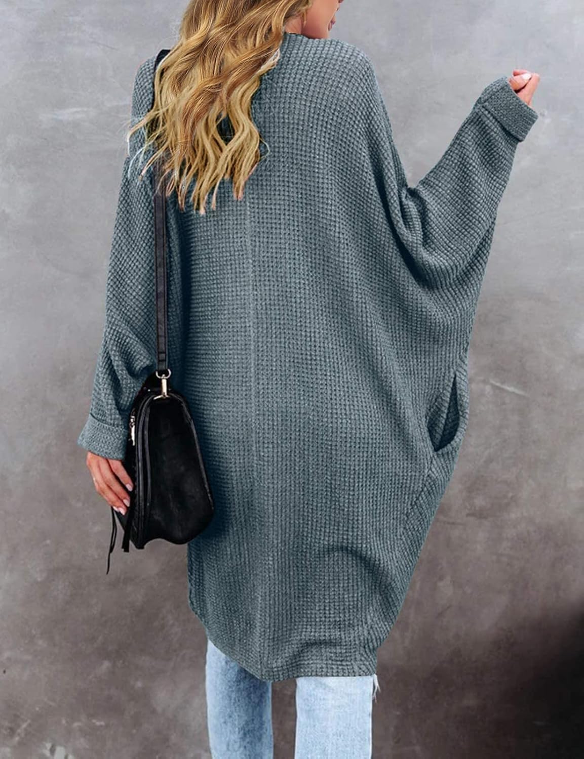 MEROKEETY Women's 2026 Fall Waffle Knit Batwing Long Sleeve Cardigan Loose Open Front Sweater Coat - Image 7