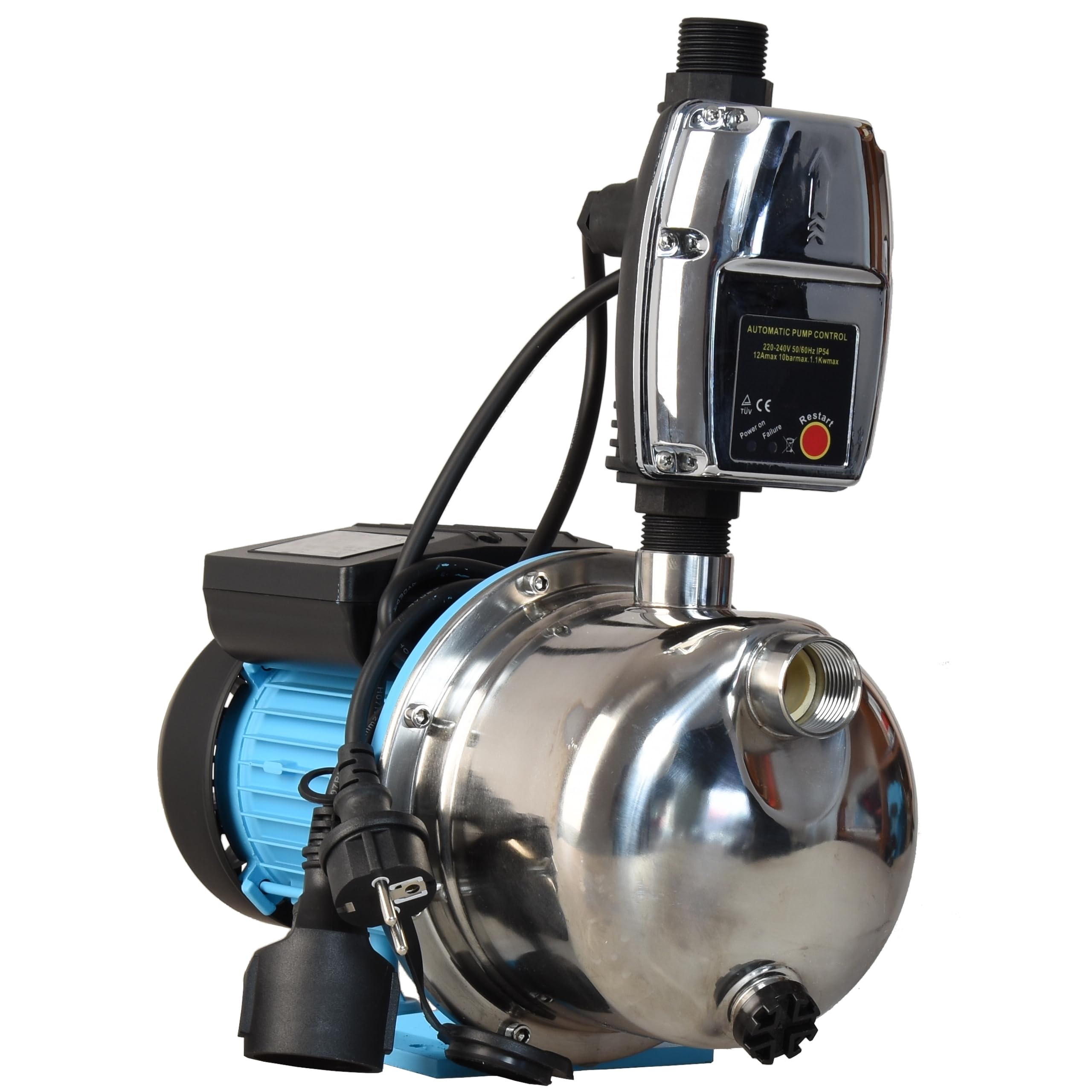 Pompe d'arrosage JX 1100 avec Pressostat Électronique CSK 5 - Pompe à Eau (1100 W, 3600 l/h hauteur max 50 m) Commande de Pompe – Mise en Marche et Arrêt Automatiques - Protection Fonctionnement à Sec