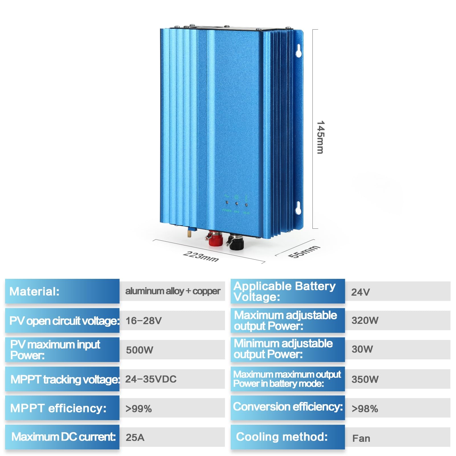 Jadeshay Inverter Solare,500W Grid Tie Inverter MPPT Micro Inverter DC 26V-42V per Pannelli solari e Scarico della Batteria a 24V,Pure Sine Wave Uscita 30W-250W Potenza Regolabile