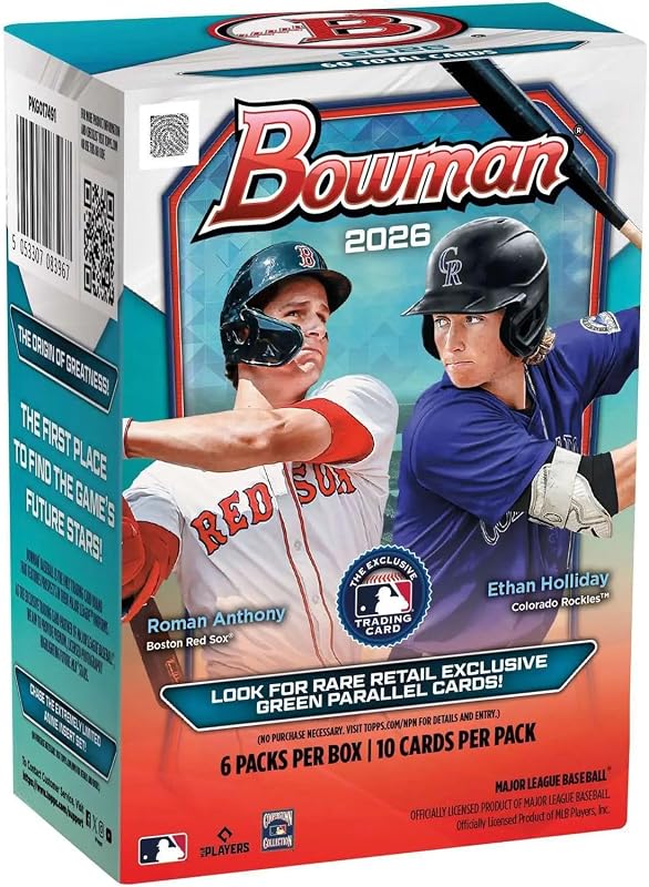 Caja de tarjetas coleccionables Bowman Baseball Blaster 2026 (busque paralelos verdes exclusivos para minoristas)