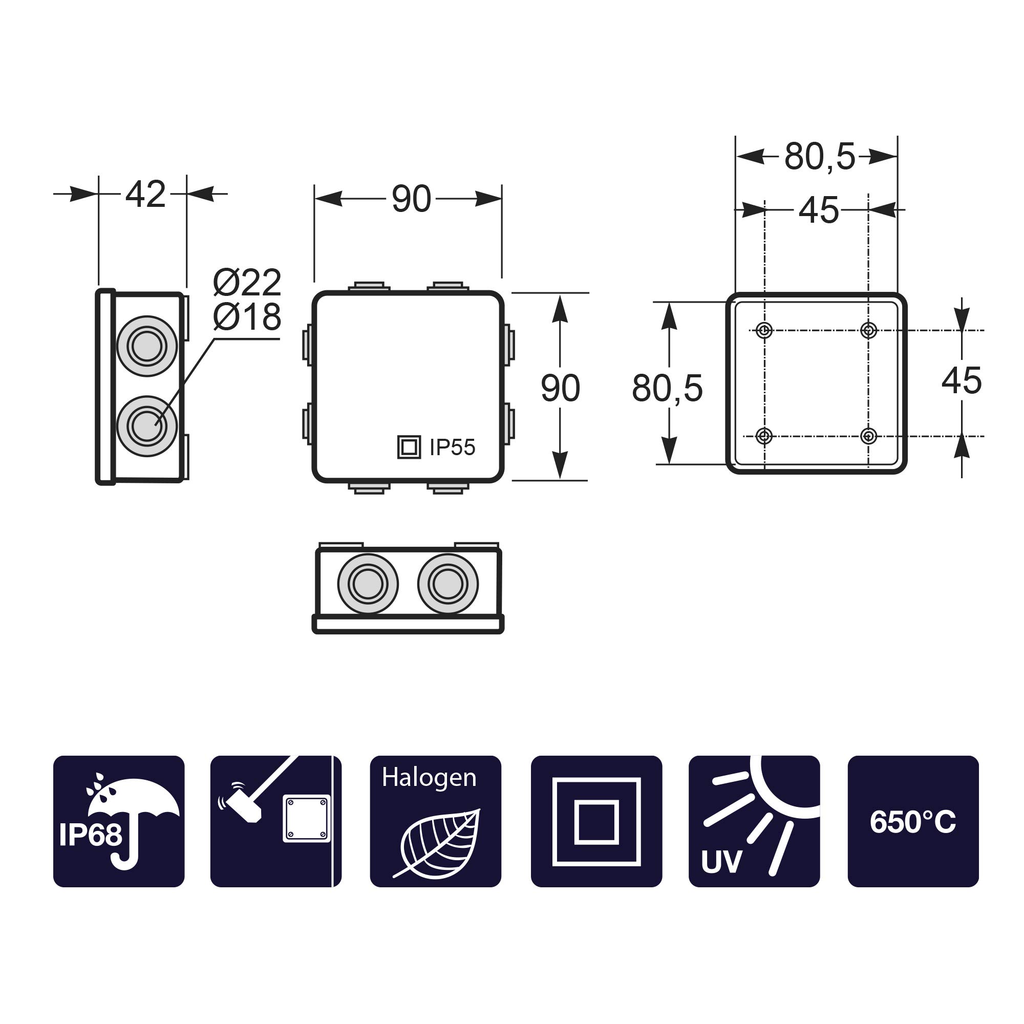 FAMATEL – Pack de 6 Cajas Estancas (3002) | Estanqueidad IP65 | 90 x 90 x 42 mm | con Conos | Tapa a Presión | Fácil Montaje | Alta Resistencia al Impacto | Gris