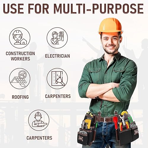 Miniatura 5 de FUERI Bolsas de nailon para cinturón de herramientas, bolsas resistentes para hombres, construcción, carpintero, electricista, marco, trabajo, negro