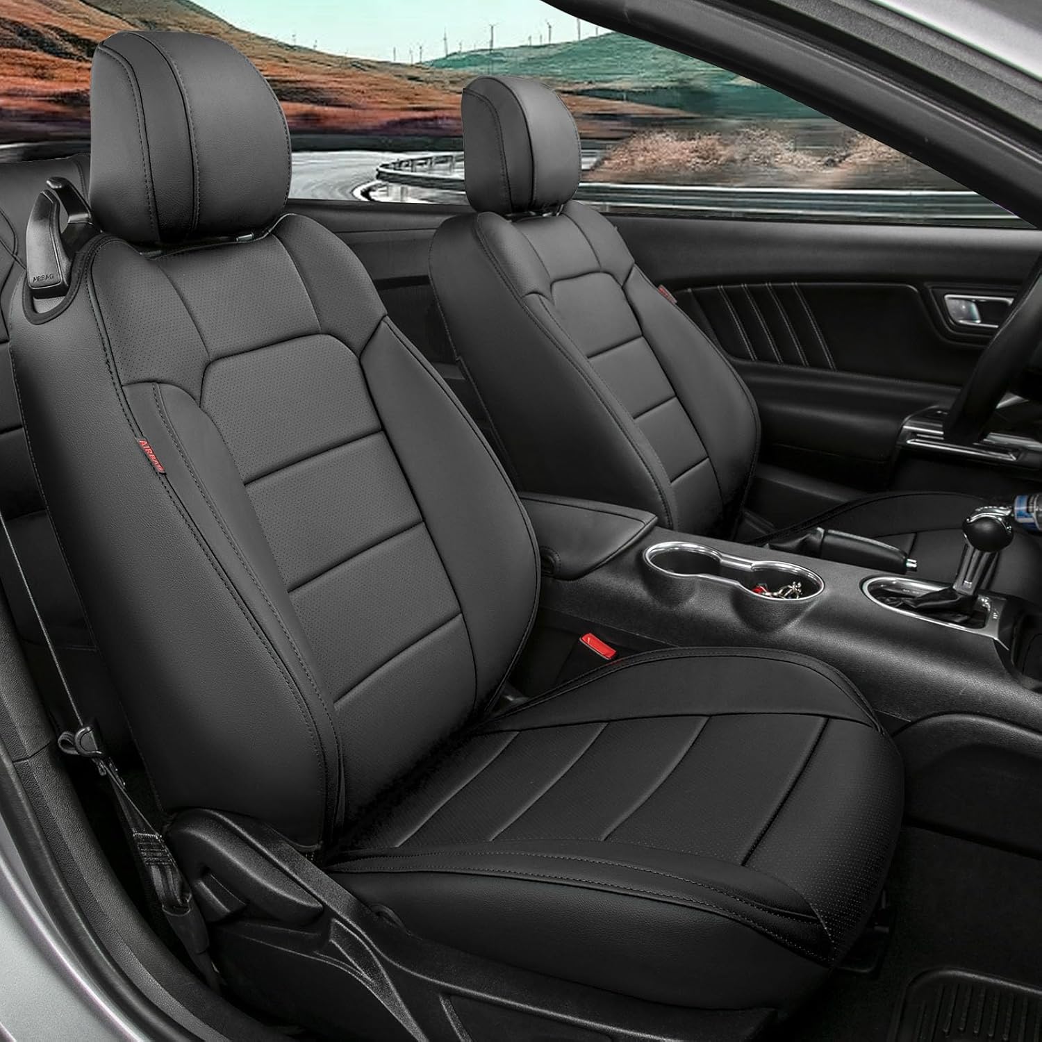 coverdream Mustang Leather Car Seat Covers Custom Fit for 2015-2024 2026 Ford Mustang Convertible,Rear Row One-Piece Backrest,Fully Covered Waterproof Seat Protector (Full Set,Black)