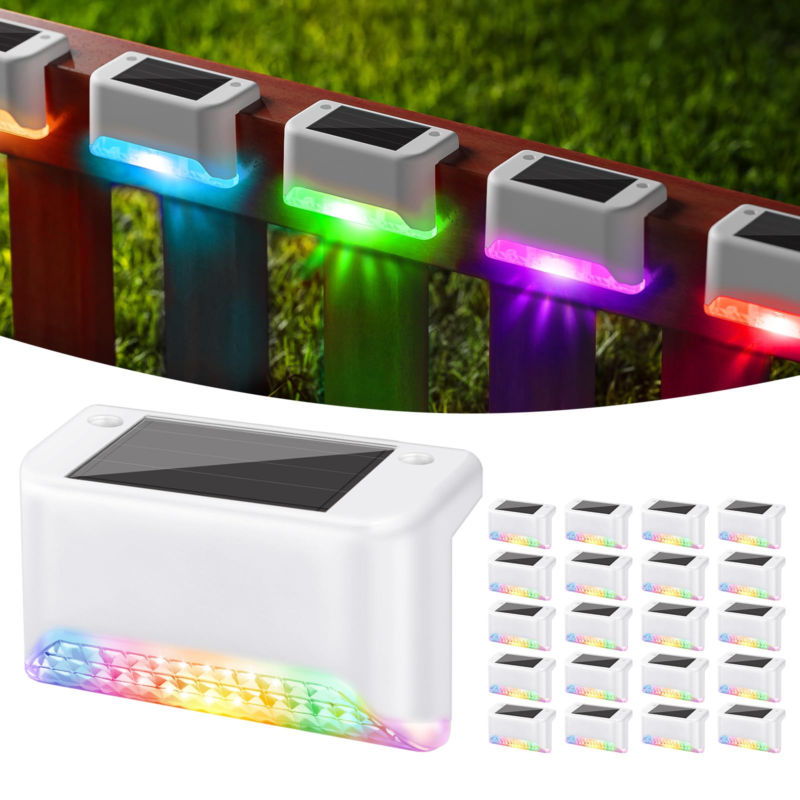 MAXvolador 20-Pack Solar Deck Lights, Waterproof LED Solar Powered Outdoor Step Light, Color-changing Solar Fence Lighting White Finished, Multicolor