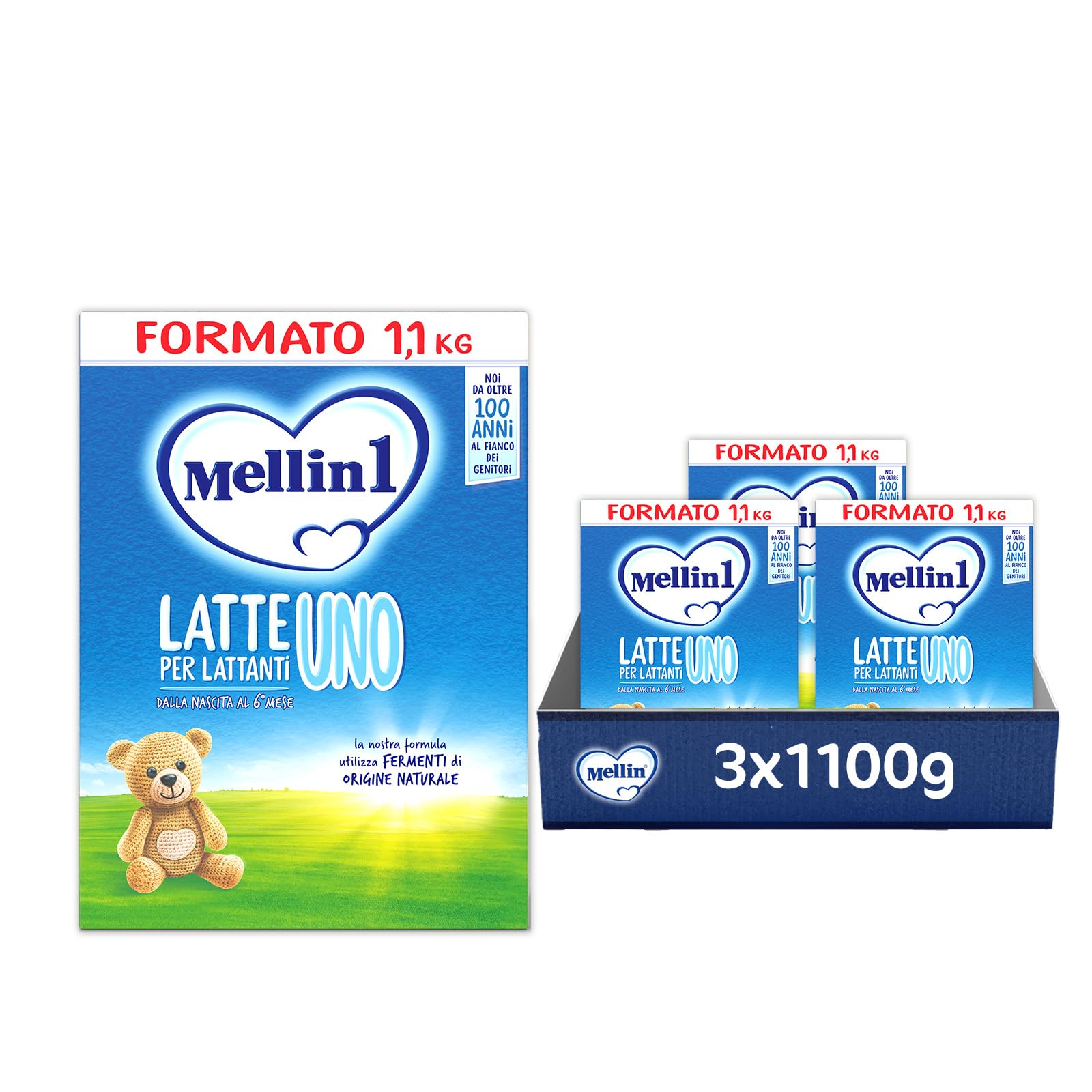 MELLIN 1 - Latte in Polvere per Lattanti dalla Nascita al 6° Mese - Confezione 3300 grammi (3 confezioni da 1100g)
