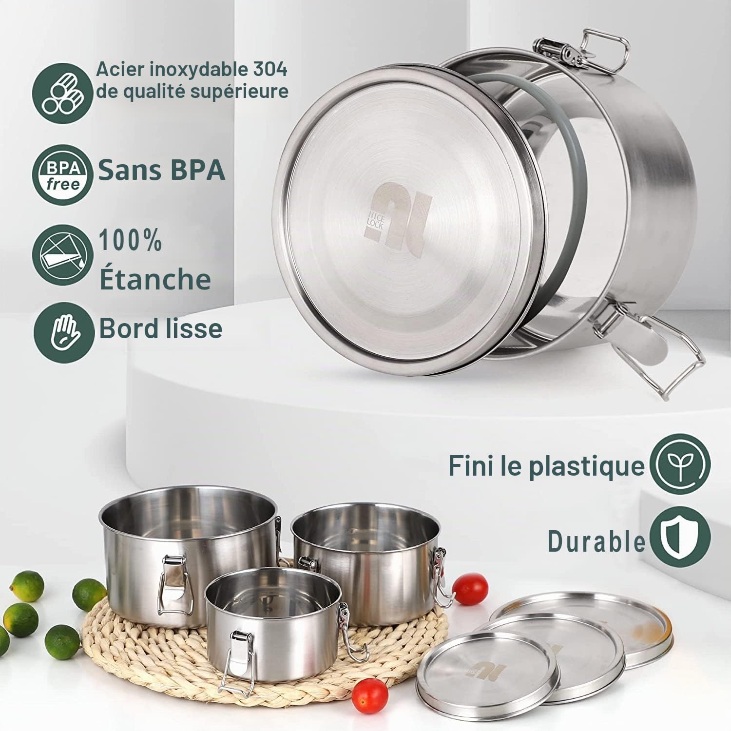 nicelock Lot de 3 boîtes de conservation hermétiques Récipients Alimentaires en Acier Inoxydable avec Couvercles Hermétiques Boîtes 450ml + 750ml + 1200ml