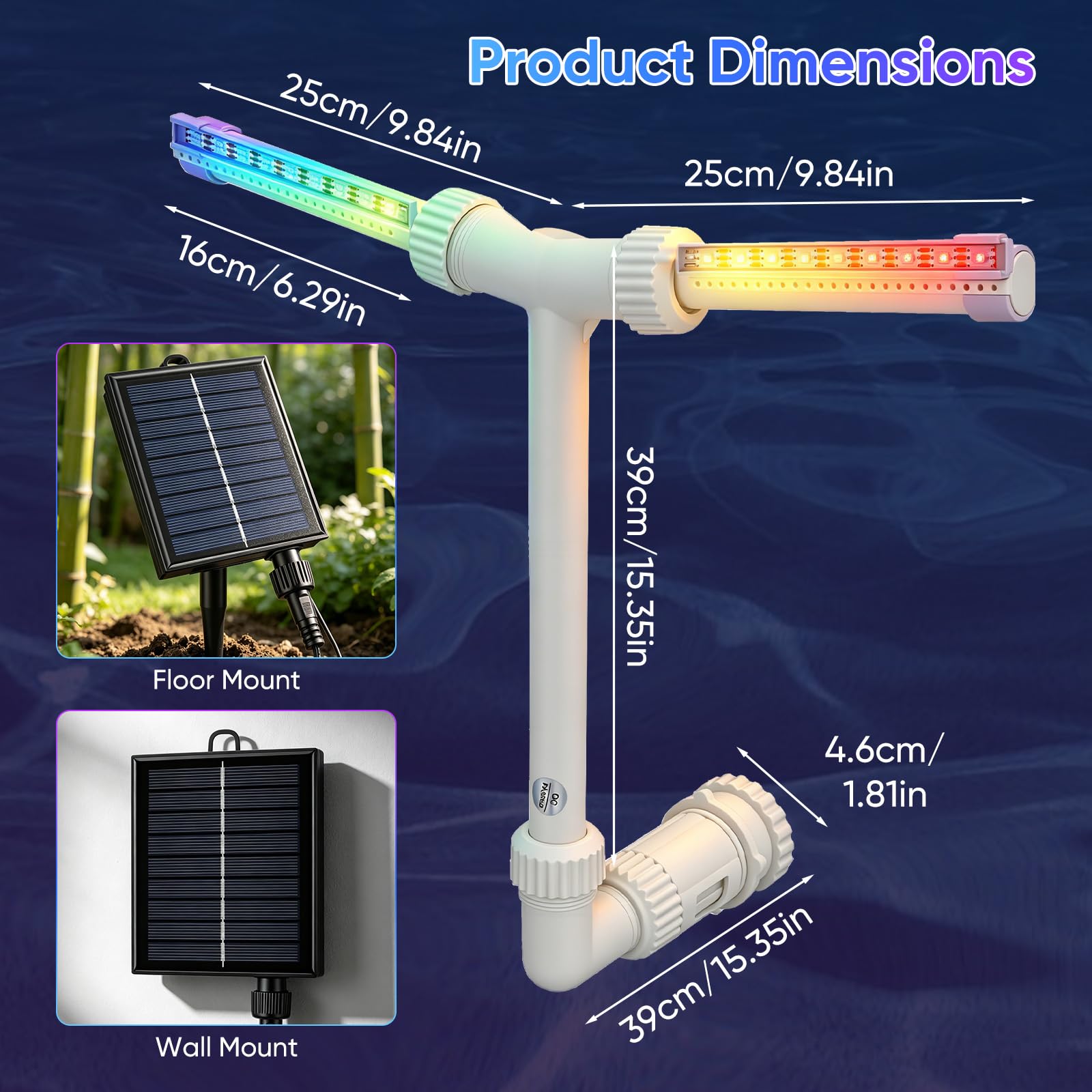 Fontana di Piscina, Fontana Solare a Doppia Testa con Illuminazione RGB, 11 Colori, Controllo APP e Telecomando, 6 Modalità di Illuminazione, Jet Regolabile 0,5-3 m, Per Piscine Fuori Terra e Sepolte