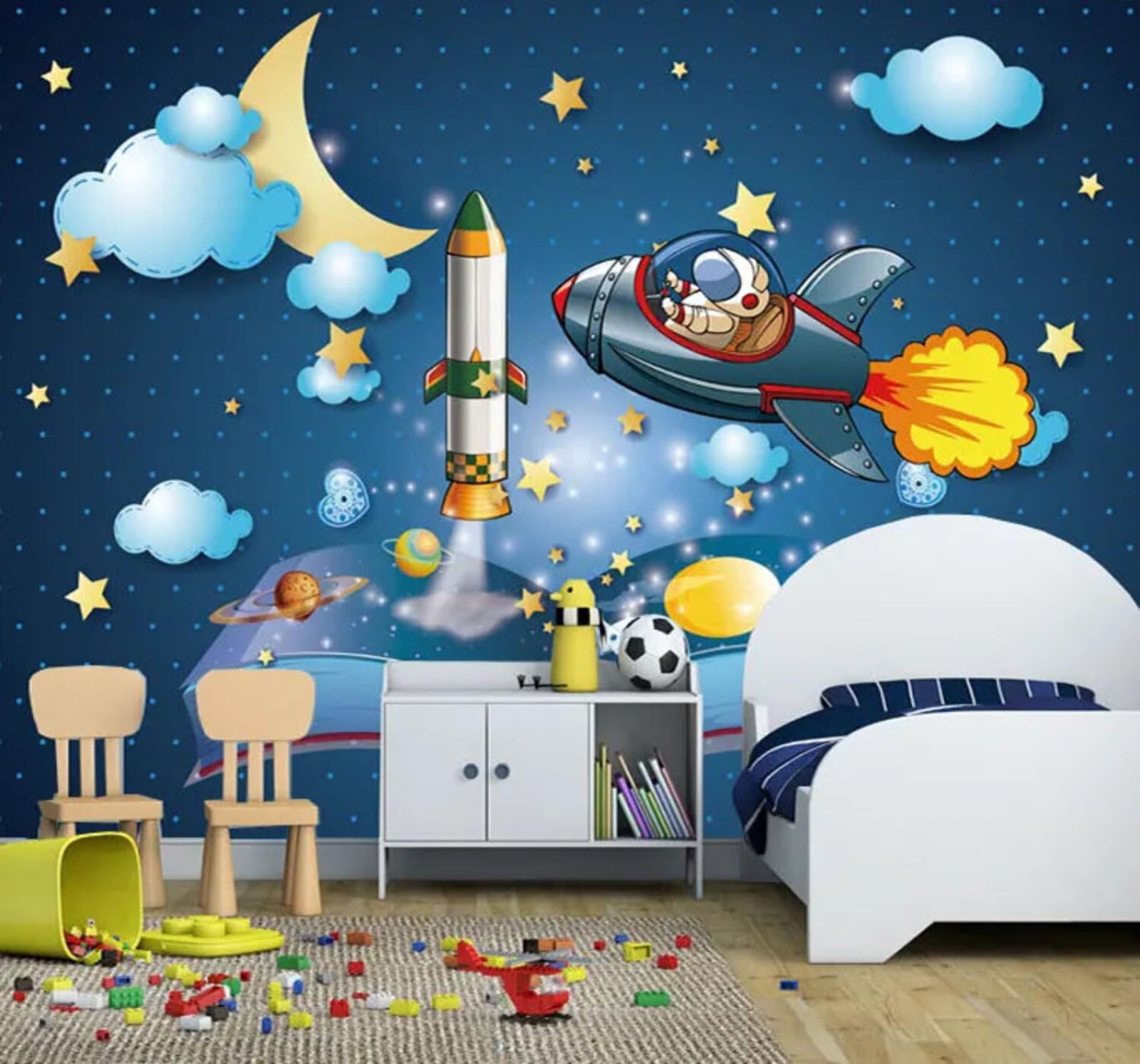 Cartoon Space Universe Airship Rocket 3D Wallpaper Easy Install Feature Office Living Room Sofa Bedroom TV Background Wall Decoration-400cm×280cm