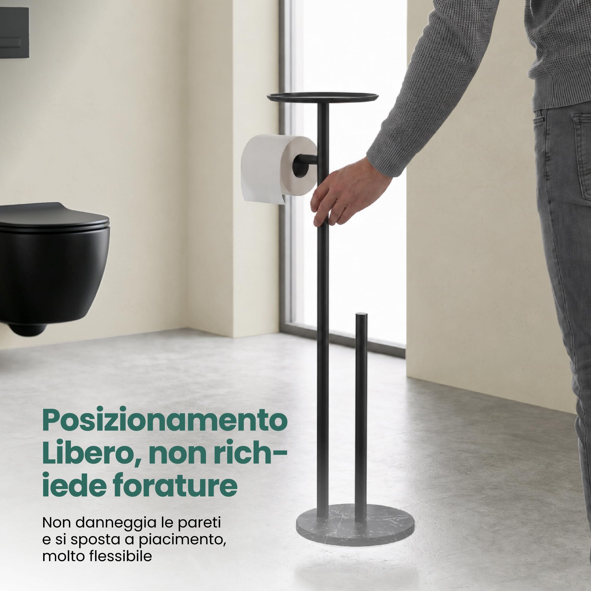 Mai & Mai Portarotolo Carta Igienica da Terra con Mensola, Nero | Portarotolo Autoportante con Ripiano Superiore, Inox 304+Marmo Fuso, Carico 5kg, 4 Cuscinetti Antiscivolo, Lino-06