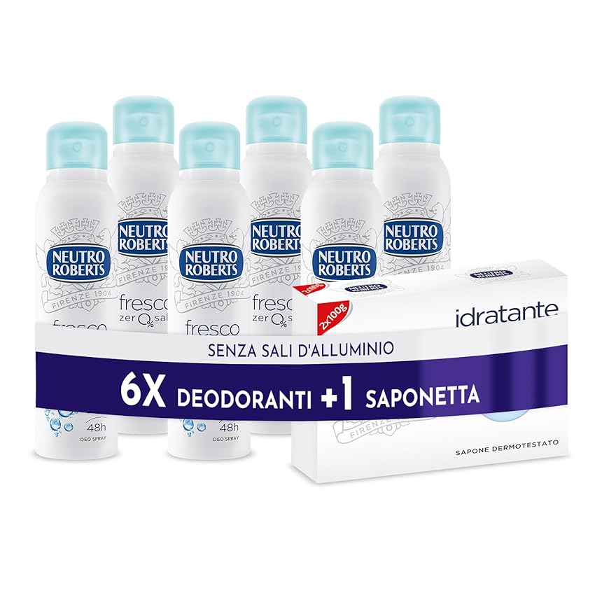 Immagine del prodotto Neutro Roberts, Deodorante Spray Fresco Senza Sali di Alluminio, Zero Macchie, Protezione Naturale con Note Floreali, Deodorante Uomo e Donna, Dermatologicamente Testato - 6 Flaconi da 150 ml
