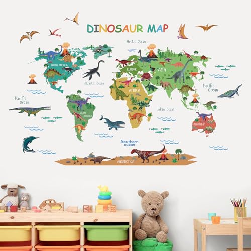 ANHUIB Groß Dinosaurier Weltkarte Wandtattoo Dino Wandsticker Dinosaurier Wandaufkleber für Junge Jungenzimmer Wandsticker Weltkarte Kinder Kinderzimmer Schlafzimmer Wanddeko Babyzimmer Wohnzimmer