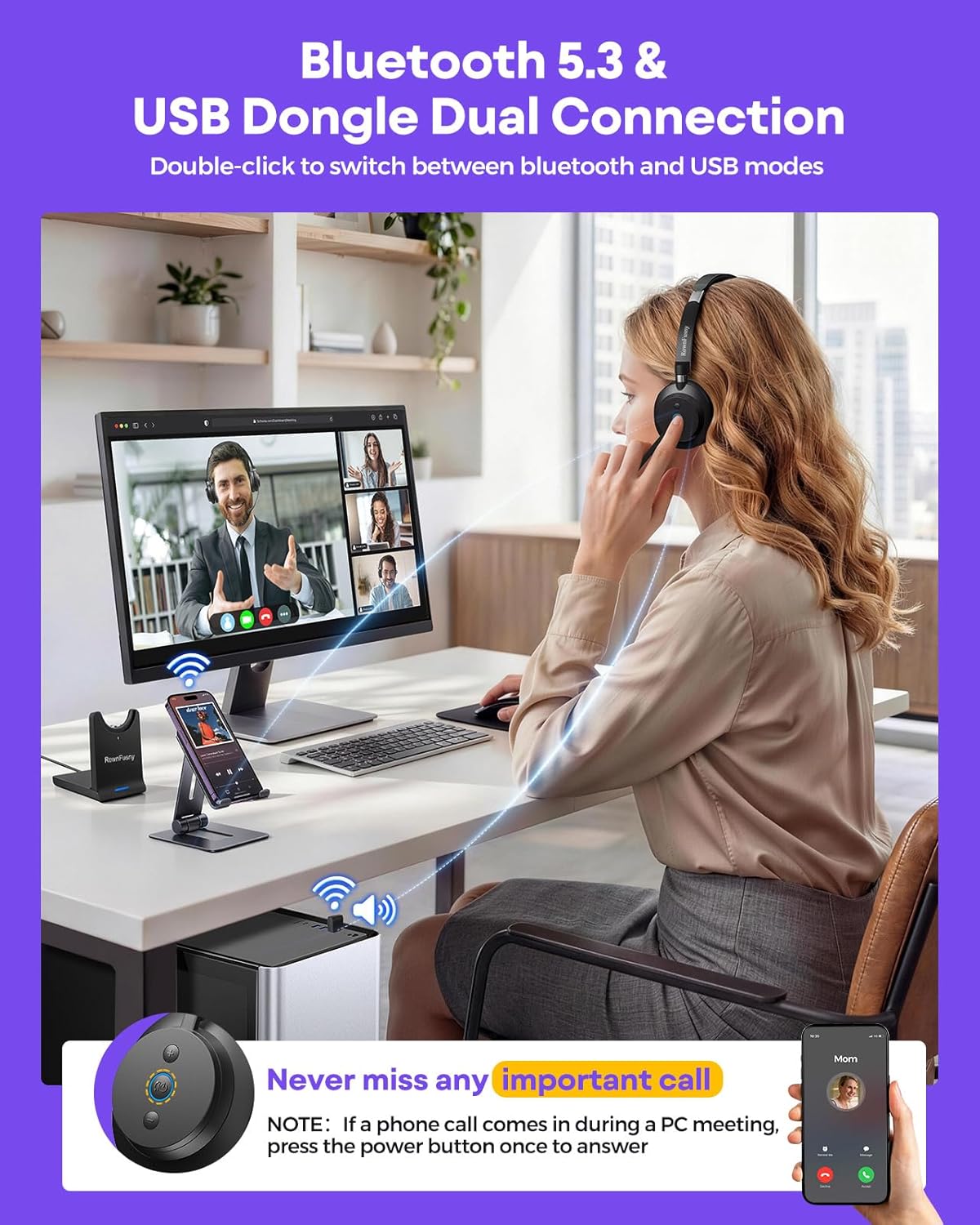 Wireless Headset with Mic for Work-Bluetooth Over Ear Headphones with Microphone,Noise Cancelling with Mute & USB Dongle for Computer/Phones/Remote Work/Call Center,Lightweight All Day Comfort - Image 3