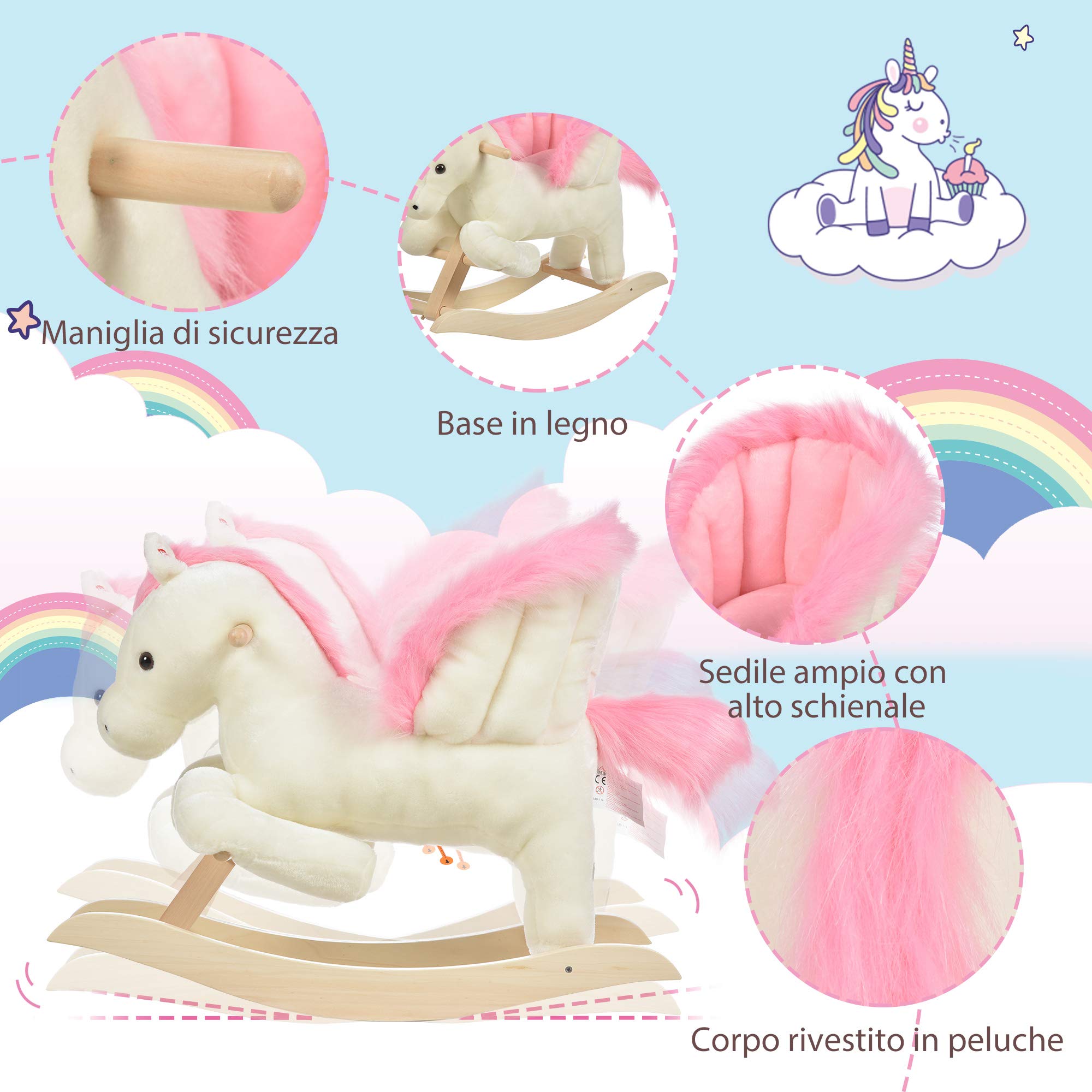 HOMCOM Cavallo a Dondolo Bianco e Rosa con Suoni e Struttura in Legno di Pioppo per Bambini 18-36 Mesi, 70x28x57cm
