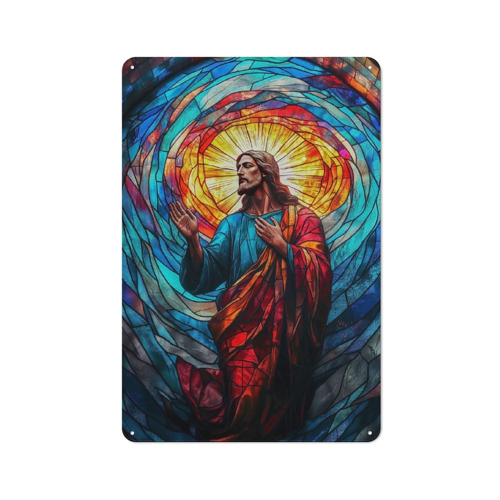 Junmoney Stained Glass Jesus Tin Sign 30X20cm For Living Room Wall, Retro Wall Decor, A Decorative Metal Sign For Living Rooms And Feature Walls
