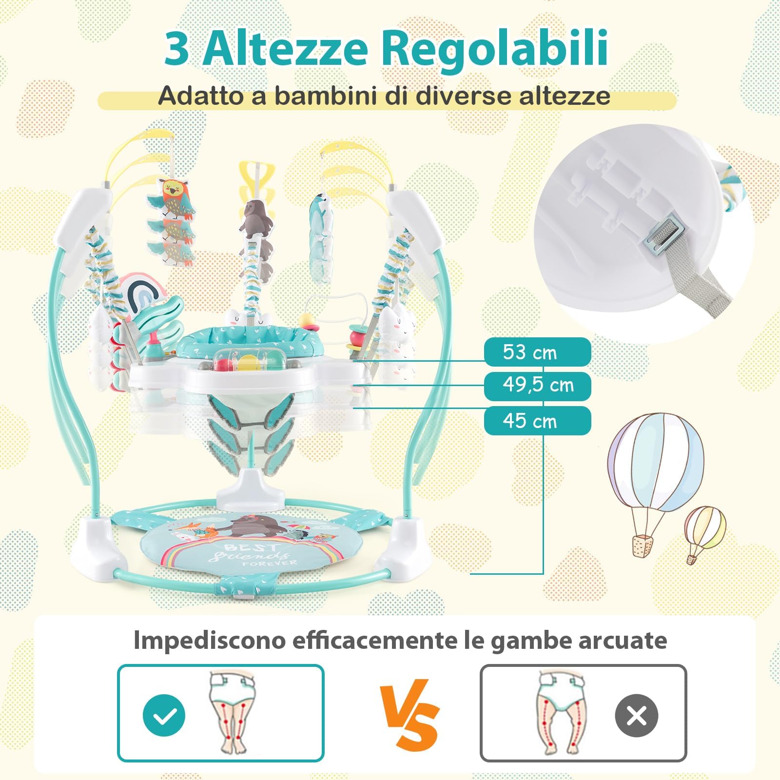 GYMAX Girello Centro attività, Piattino Rimbalzante per Neonati, 3 Altezze Regolabili, Sedile Girevole a 360°, Giocattoli Interattivi, Sdraietta con Musica e Luci per Bambini 6+ Mesi (Blu)