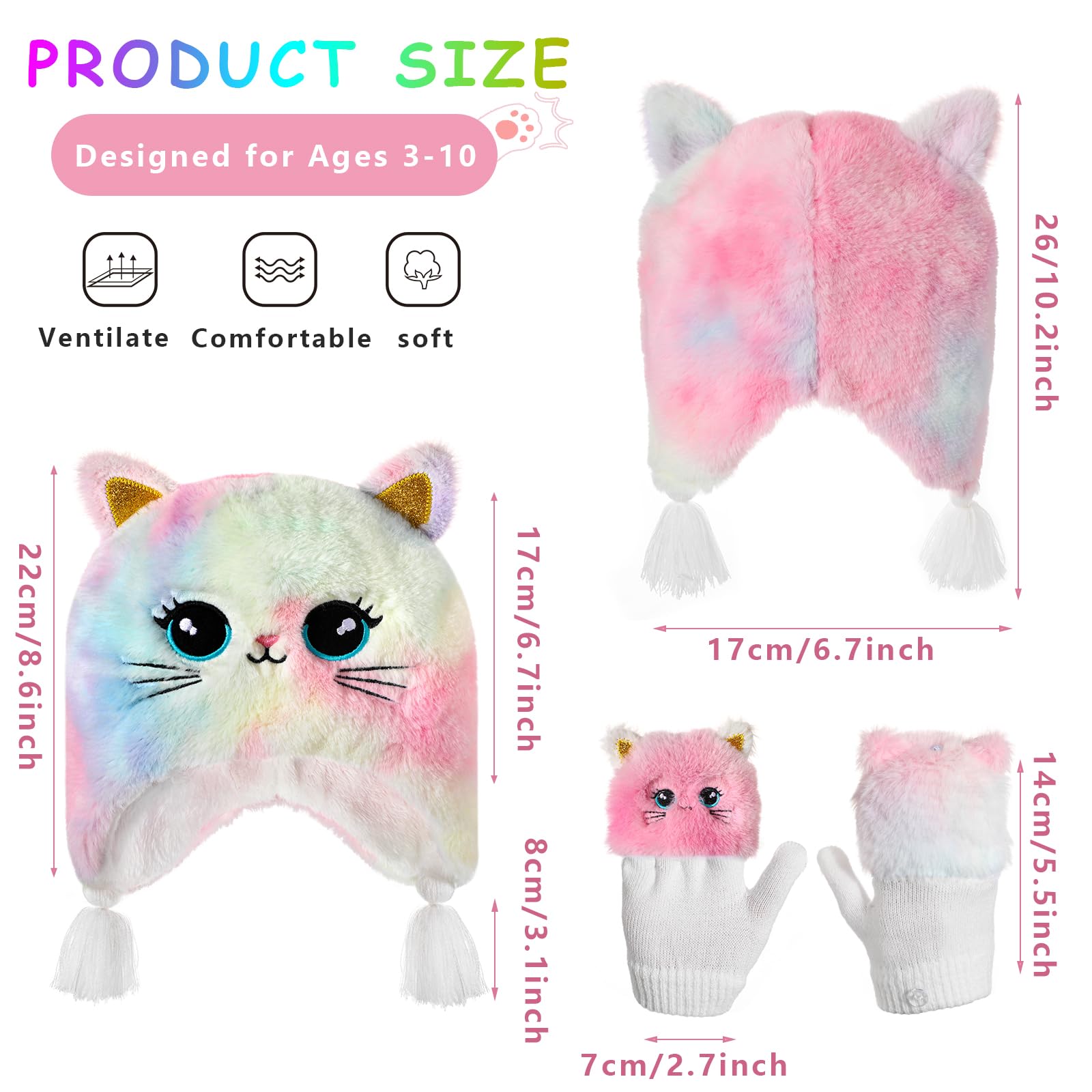 Chat Ensemble Bonnet et Gants Fille, 3PCS Bonnet Chat et Mitaine Enfant Filles de 3 à 10 ans, Bonnet Enfant Hiver Fille et Gants, Ensemble et Mitaines Bonnet Oreille de Chat Accessoires Chaud D'hiver