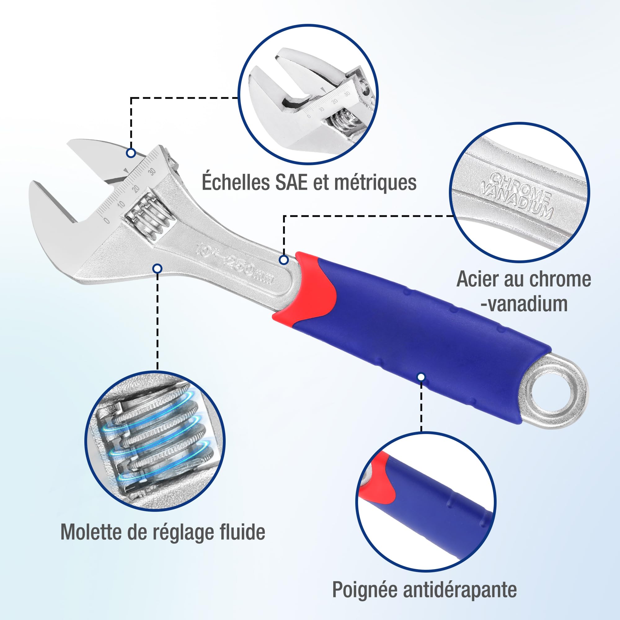 WOKRPRO Jeu de Clés à Molette en Cr-V 150, 200, 250 mm avec Grande Ouverture 19, 24, 28mm 3 Pièces