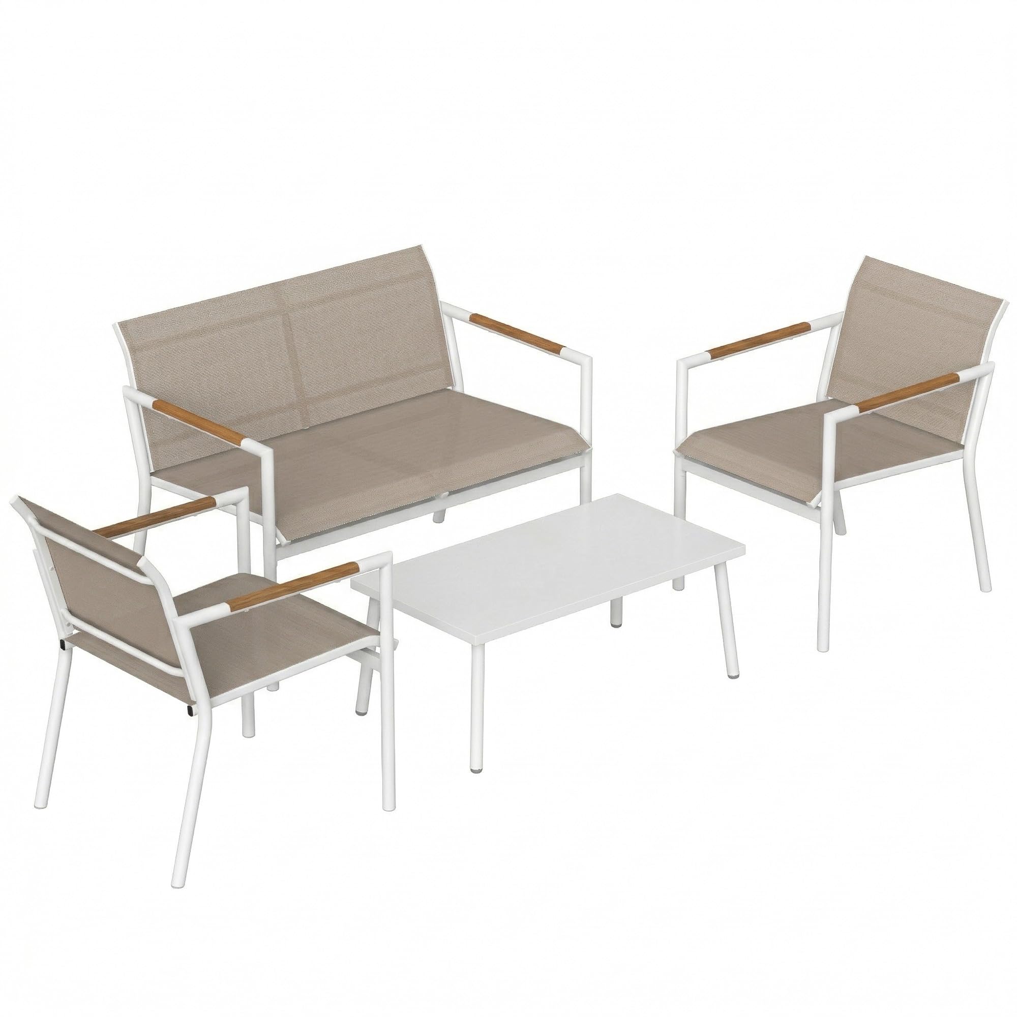Outsunny 4 Seater Garden Furniture Set with Loveseat, 2 Armchairs, Metal-Top Table, Metal Garden Sofa Set with Breathable Mesh Seats, Outdoor Furniture Conversation Sets, Khaki