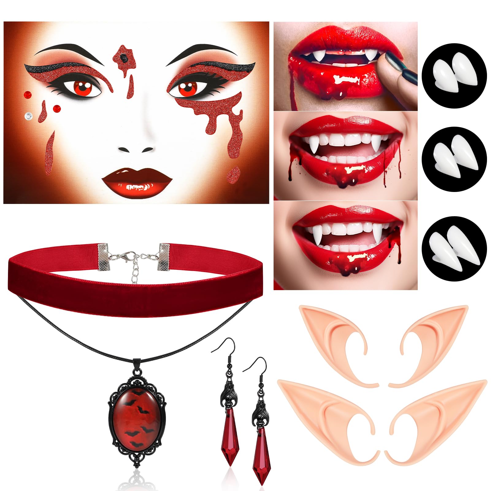 Kit Accessoires Vampire Femme - Crocs, Faux Sang, Maquillage Blanc, Tatouages Cicatrices, Collier - Pour Halloween Cosplay