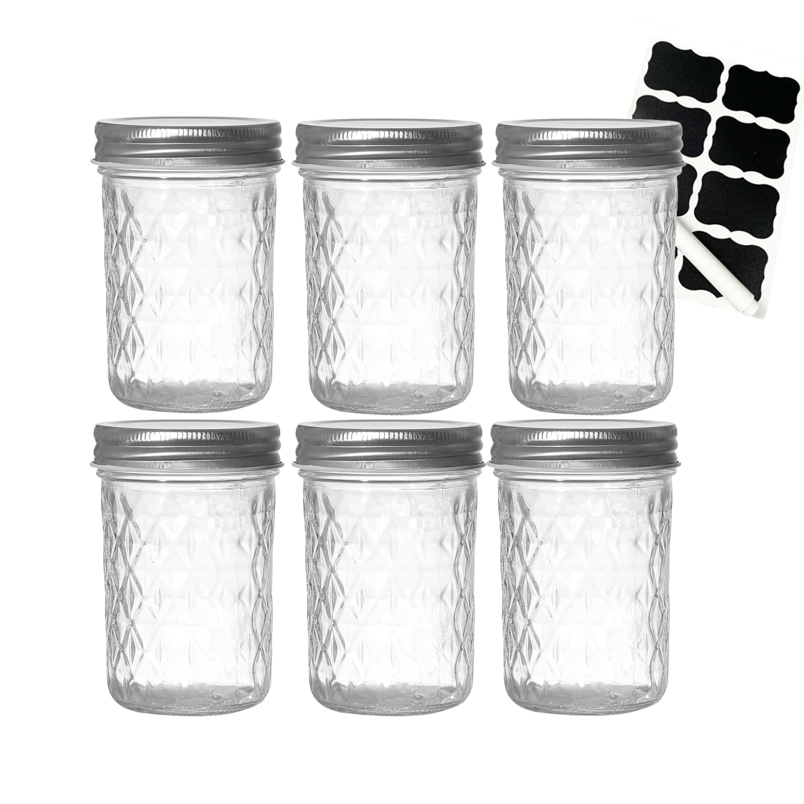 Yumzxin Diamond-8Oz-6P 6 Pack Mason Jars 8 Oz (240Ml) With Regular Lids - Wide Mouth Clear Glass Canning Jars For Pickling, Fermenting, Jam, Overnight Oats, Food Storage & Diy Crafts