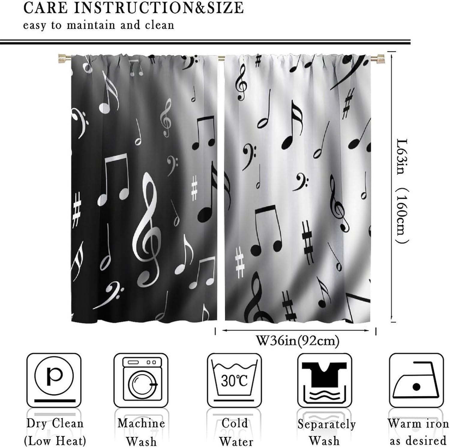 Music Window Curtains, Black White Musical Notes Abstract Pattern Window Treatments for Bedroom Living Room Nursery Kids Room Blackout Decorative Drapes 2 Panel Sets,72x63 Inch