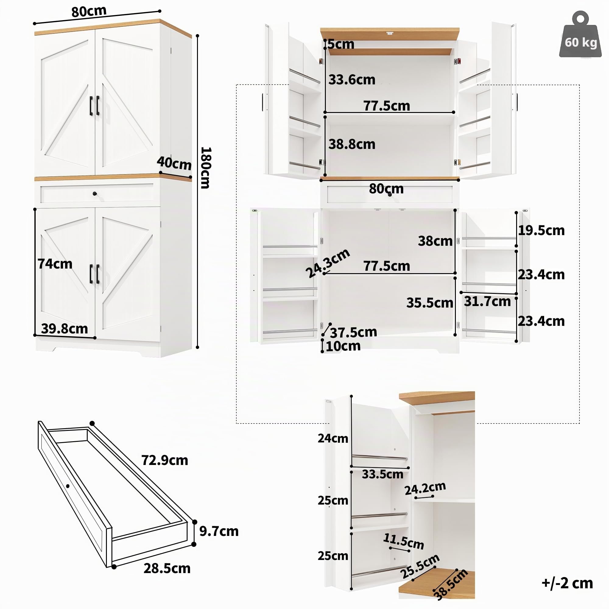 Hochwertiger Küchenschrank mit 12 Türfächern & Schubladen (80x40x180cm), Snack-Aufbewahrungsschrank aus MDF & Spanplatte, Buffetschrank für Esszimmer, Küche, Wohnzimmer