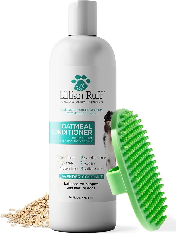Condicionador para Cães Lillian Ruff PRO Formula com Aveia, Óleo de Coco e Lavanda 473 mL com Escova