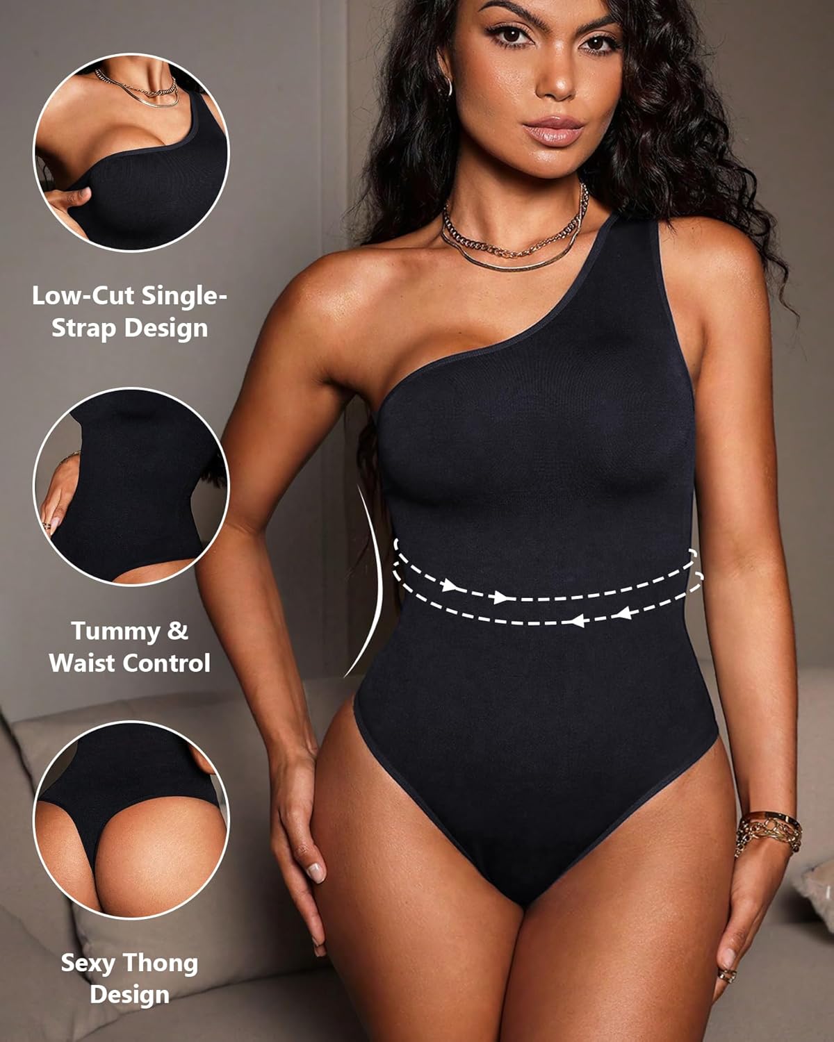 One Shoulder Shapewear for Women, Seamless Tummy Control Thong Bodysuits - Body Shaper for Going Out Tops - Image 2