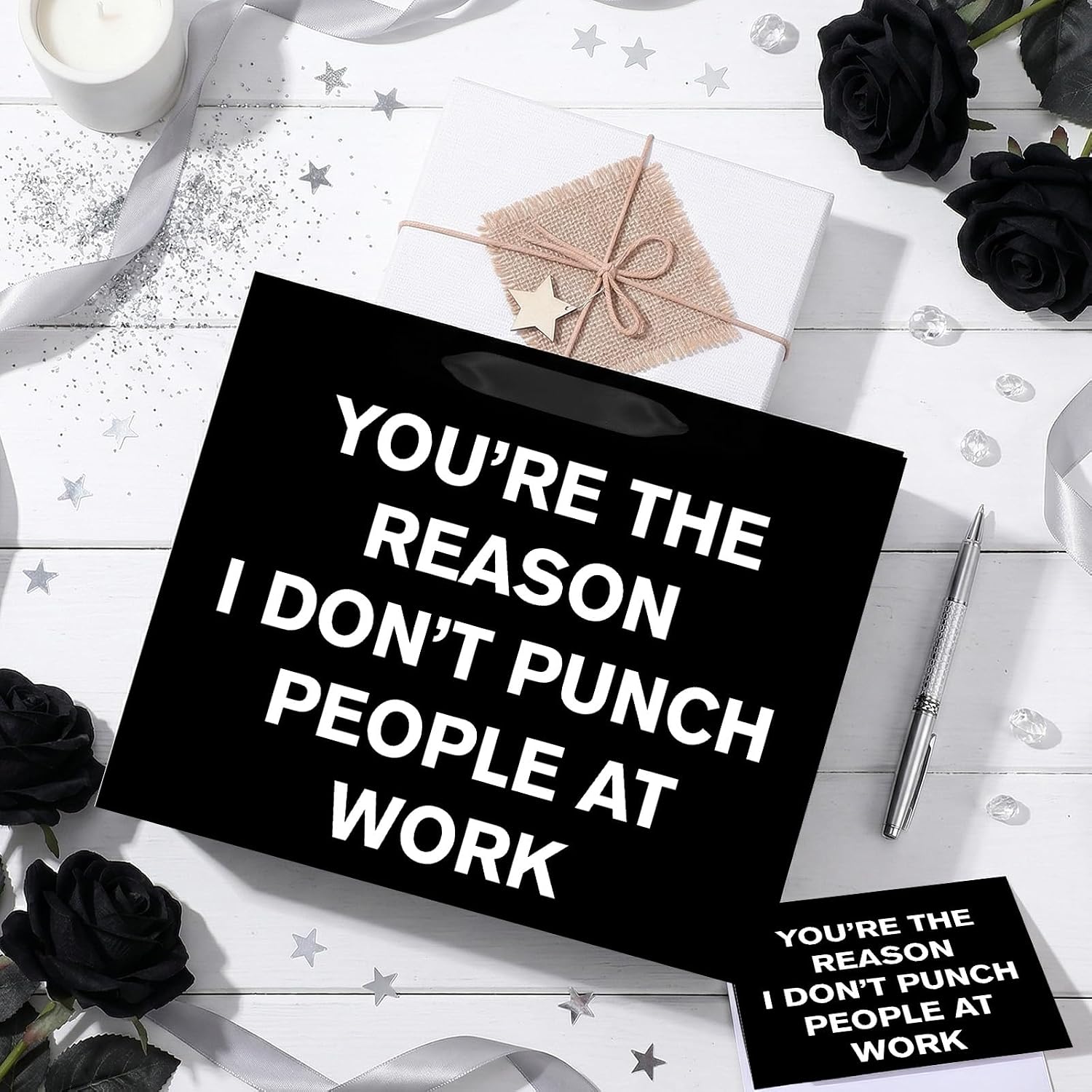 Funny Retirement Gift Bag Black White Coworker Farewell Wrapping Bag with Tissue Paper & Card You’re the Reason I Don’t Punch People at Work Wrap Bags for Men Women Going Away Goodbye Party Supplies