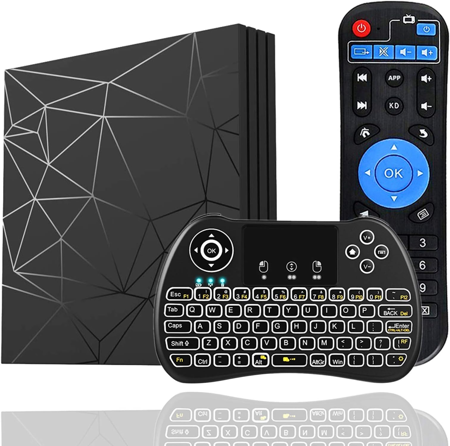 Android 9.0 TV Box［4GB+64GB］EVANPO Quad Core Smart TV Box Android Media Player Support USB 3.0/ 3D/ 4K/ 6K/ H.265/ 2.4G WiFi Set Top TV Box with Mini Keyboard (Backlit)