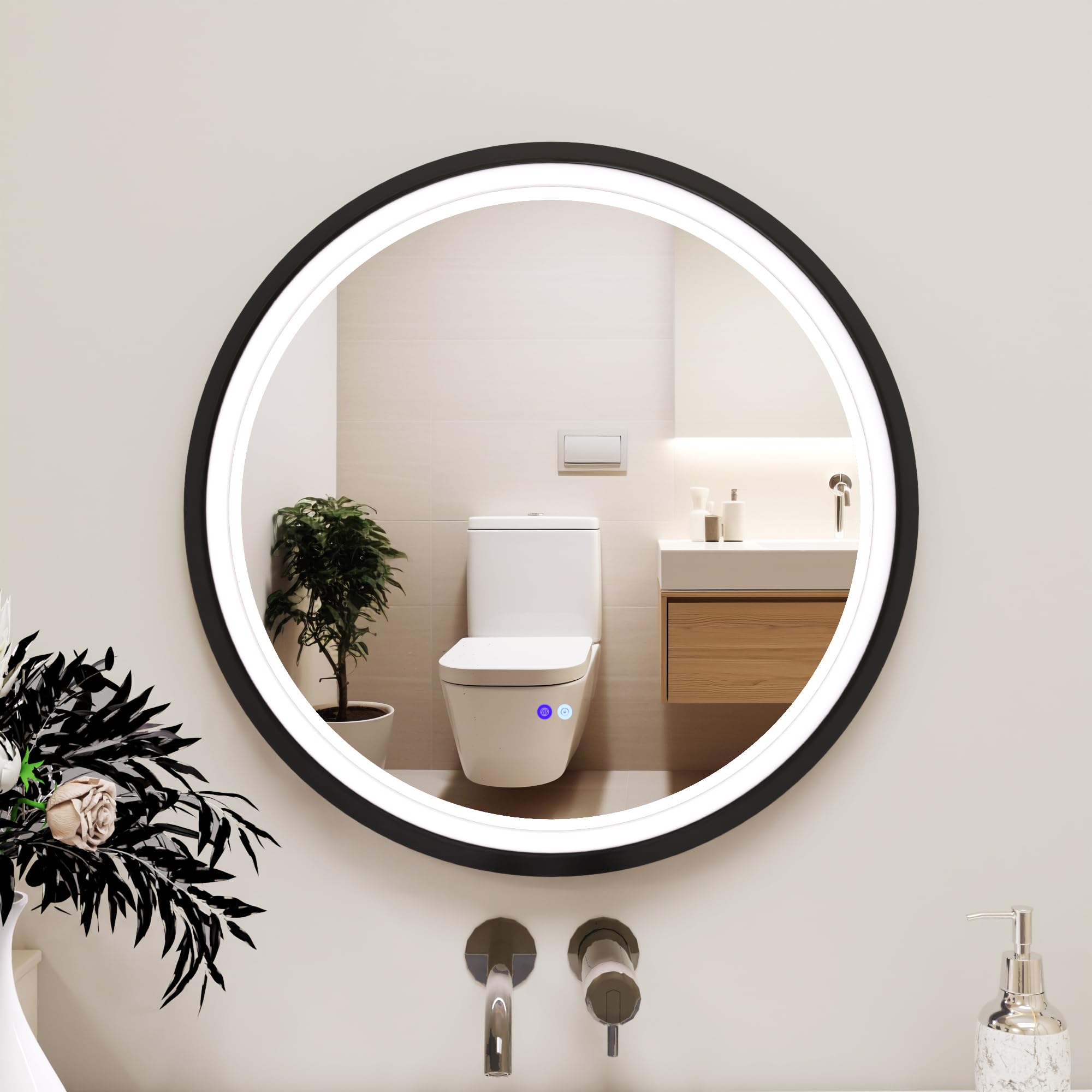 Round LED Mirror for Bathroom, Black Metal Frame, 28”