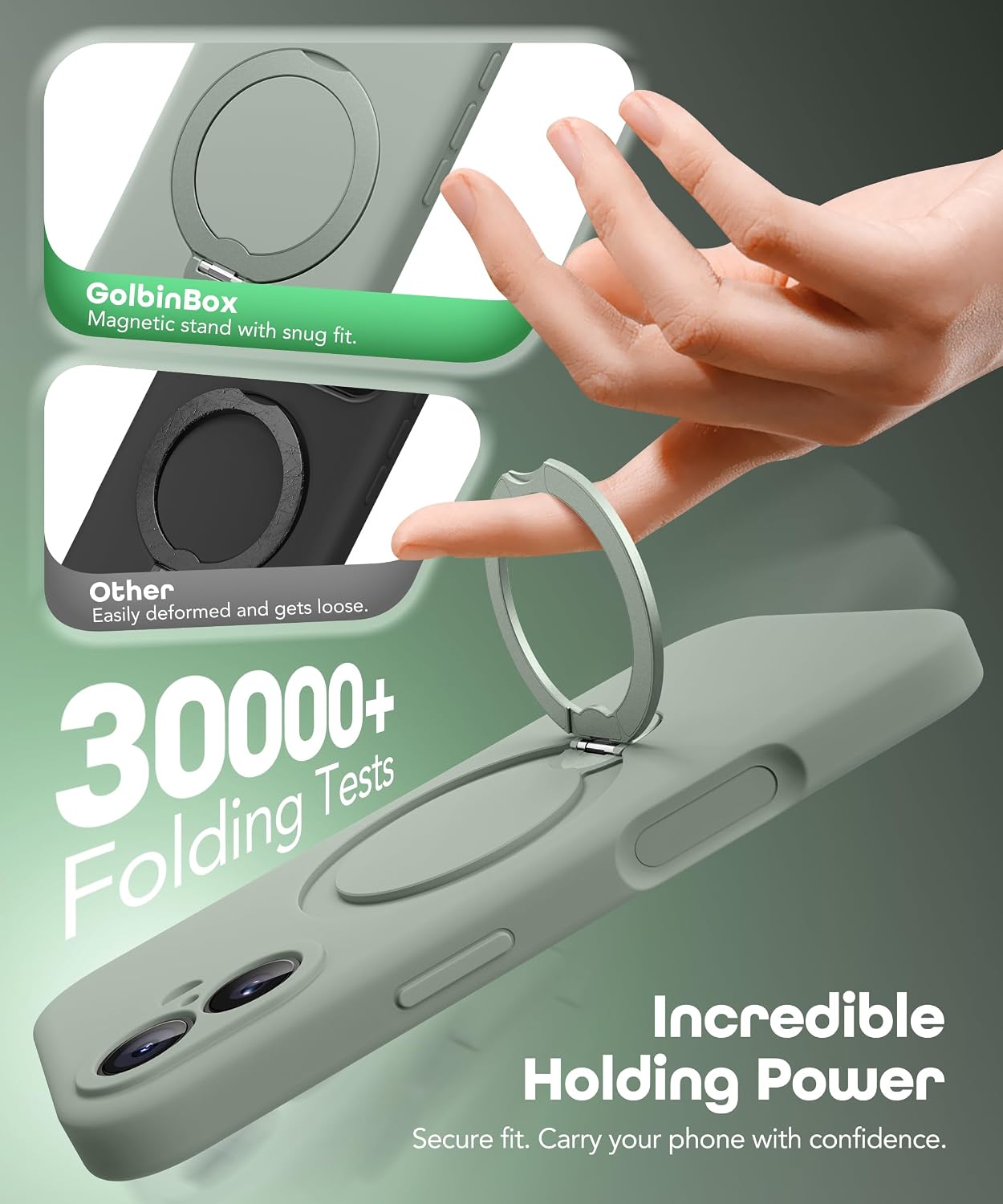 GolbinBox for iPhone 17 Case with 360° Spin Magnetic Stand, [Compatible with MagSafe][Full Camera Protection], Full Body Shockproof Liquid Silicone Case with Ring Stand for iPhone 17 6.3'', Grey Green thumbnail