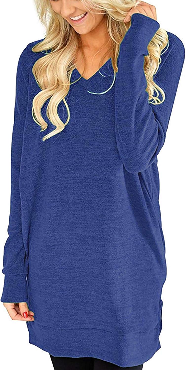 LERUCCI Womens Casual Long Sleeves Solid V-Neck Sweatshirt for Leggings Tops with Pockets Blue Medium - Image 5