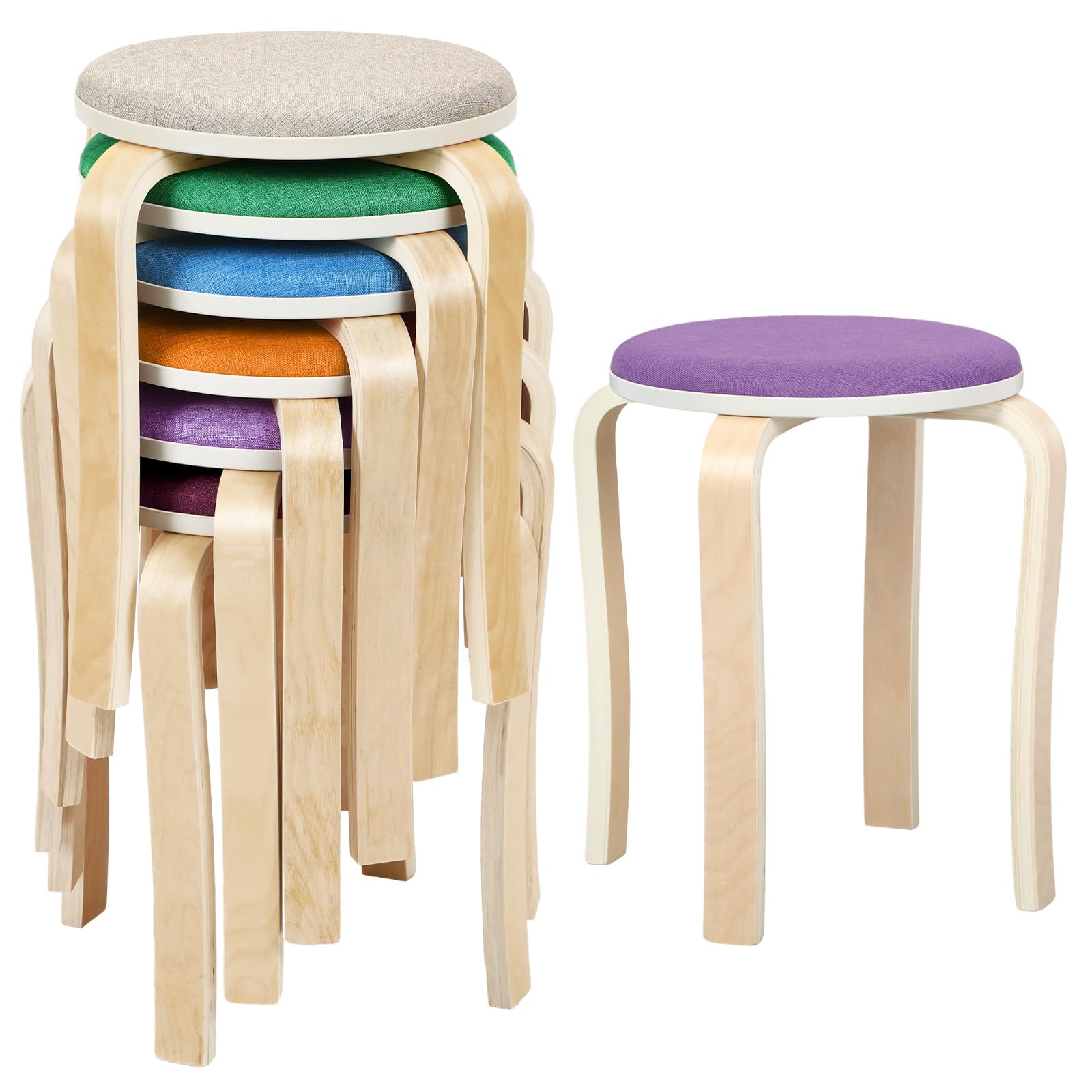 Photo 1 of 6 Pcs Classroom Stools Round Upholstered Wood Stool Backless Stackable Stools for Classroom Wooden Stacking Portable Stool Bentwood Seat for Kitchen Garden Class Room Home (Many Color) 6 Many Color