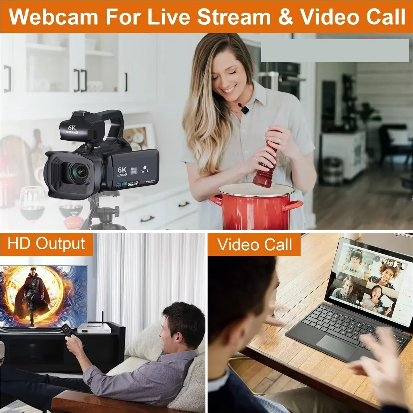 Profesjonalna kamera wideo 6K do fotografii, 18-krotny zoom cyfrowy noktowizor vlogowania 64MP WiFi transmisja na żywo internetowa Lekki(No card,Light-wireless mic)