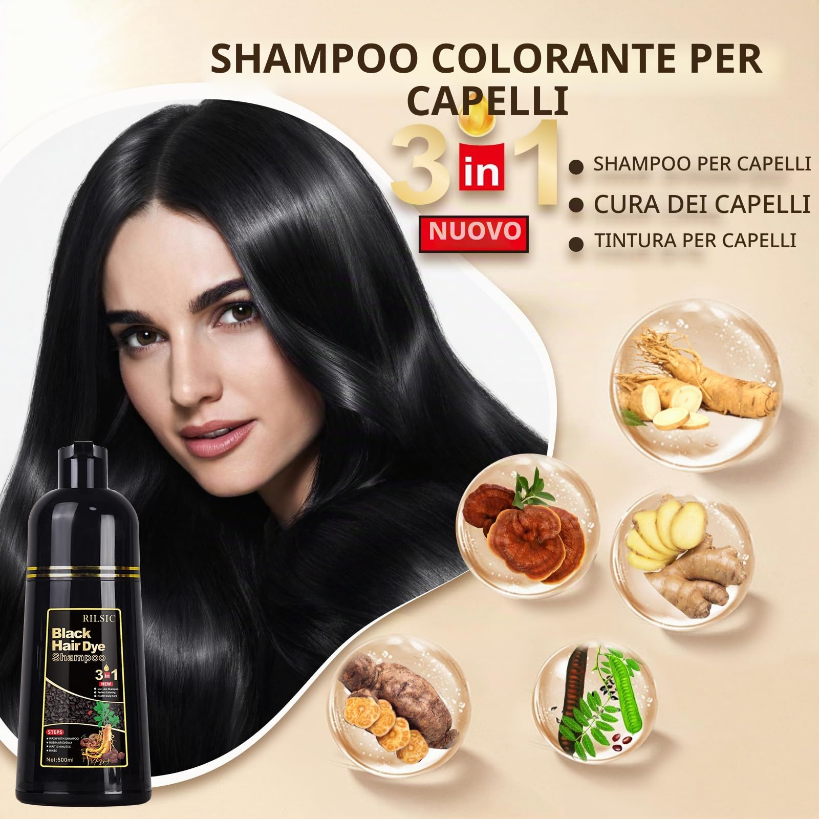 Black Hair Dye 3-in-1 Shampoo for Grey Hair Instant Shampoo Black