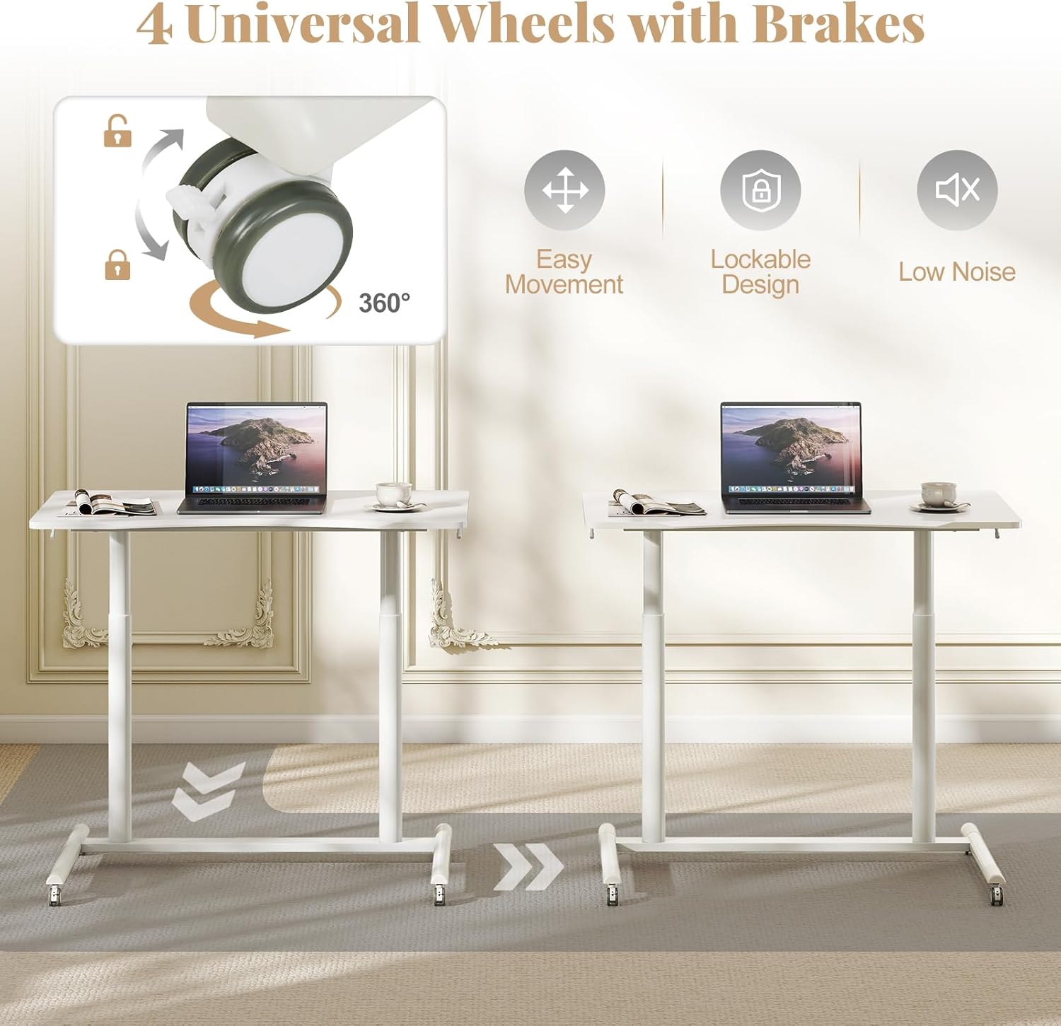 Giantex Mobile Standing Desk, Height Adjustable Computer Desk with Wheels & Aluminum Frame, C Shaped Sofa Side Table, Portable Laptop PC Workstation, Compact Rolling Desk for Small Space (White)