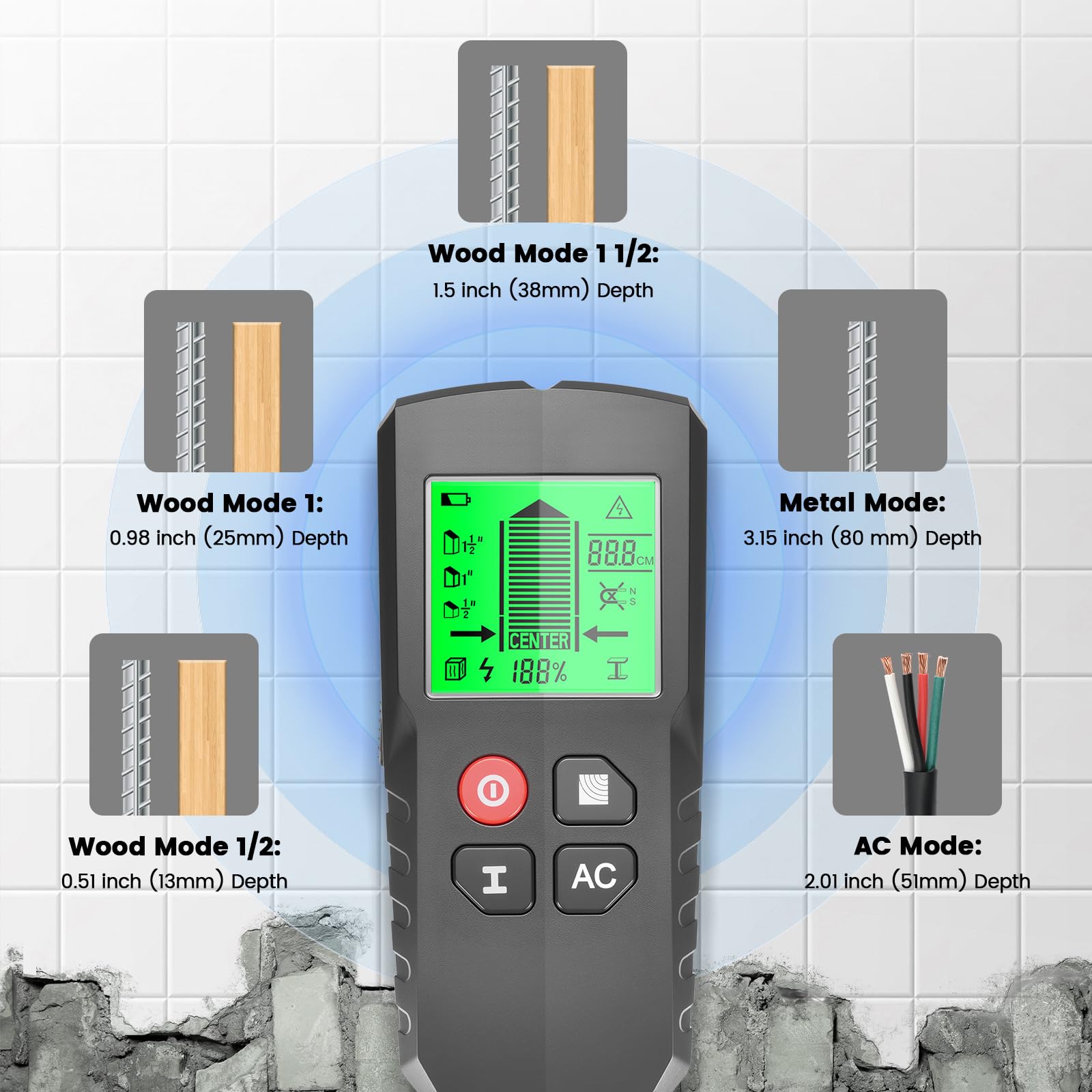 Leitungssucher Ortungsgerät, 5 in 1 Multifunktions Wand Scanner Detektor Stud Finder, Leitungssuchgerät mit HD-LCD-Display & Audio-Alarm für Metall, Rohre, Holz, Stromleitung und Balken