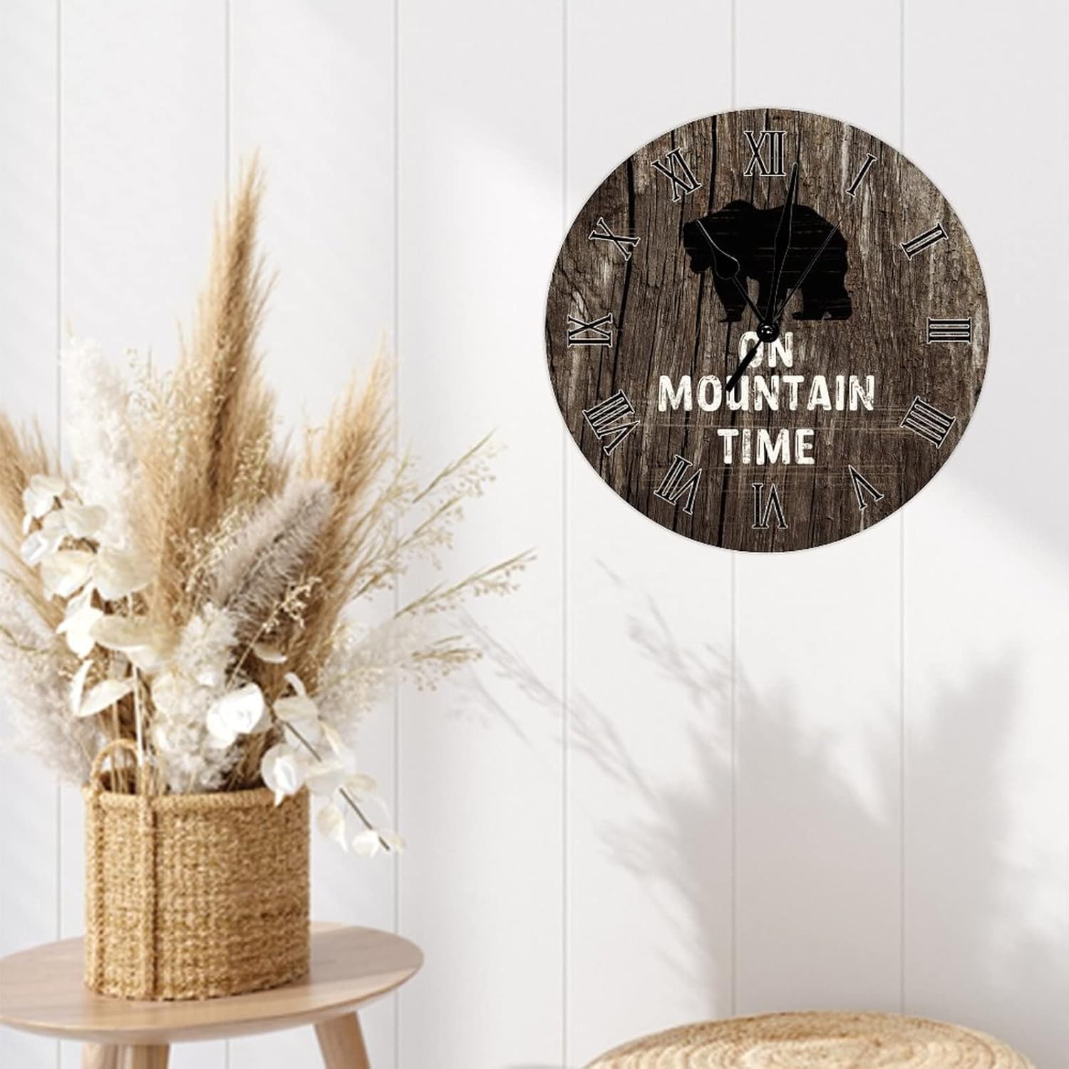 15 Inch Brown Bear Wall Clock On Mountain Time Art Font Silent Non Ticking Roman Numerals Battery Operated Round Wooden Clock Easy to Read Home Office Kitchen Classroom School Clock