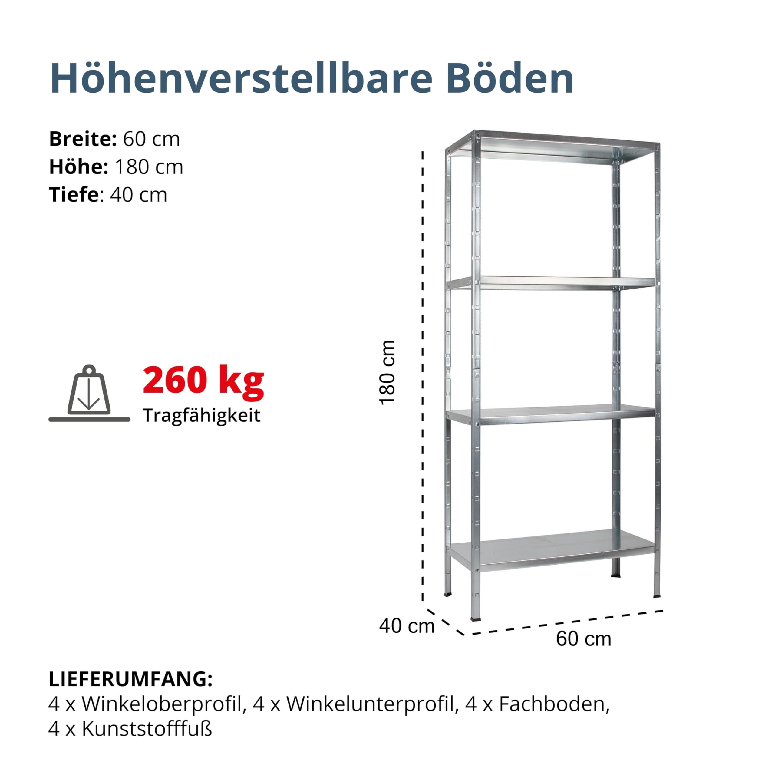 SCHULTE Regalwelt Regał wtykowy z 4 półkami PowerMAX, udźwig 65 kg, 180 x 60 x 40 cm (wys. x szer. x gł.), ocynkowany (regał magazynowy, warsztatowy, piwnica, garaż, regał metalowy