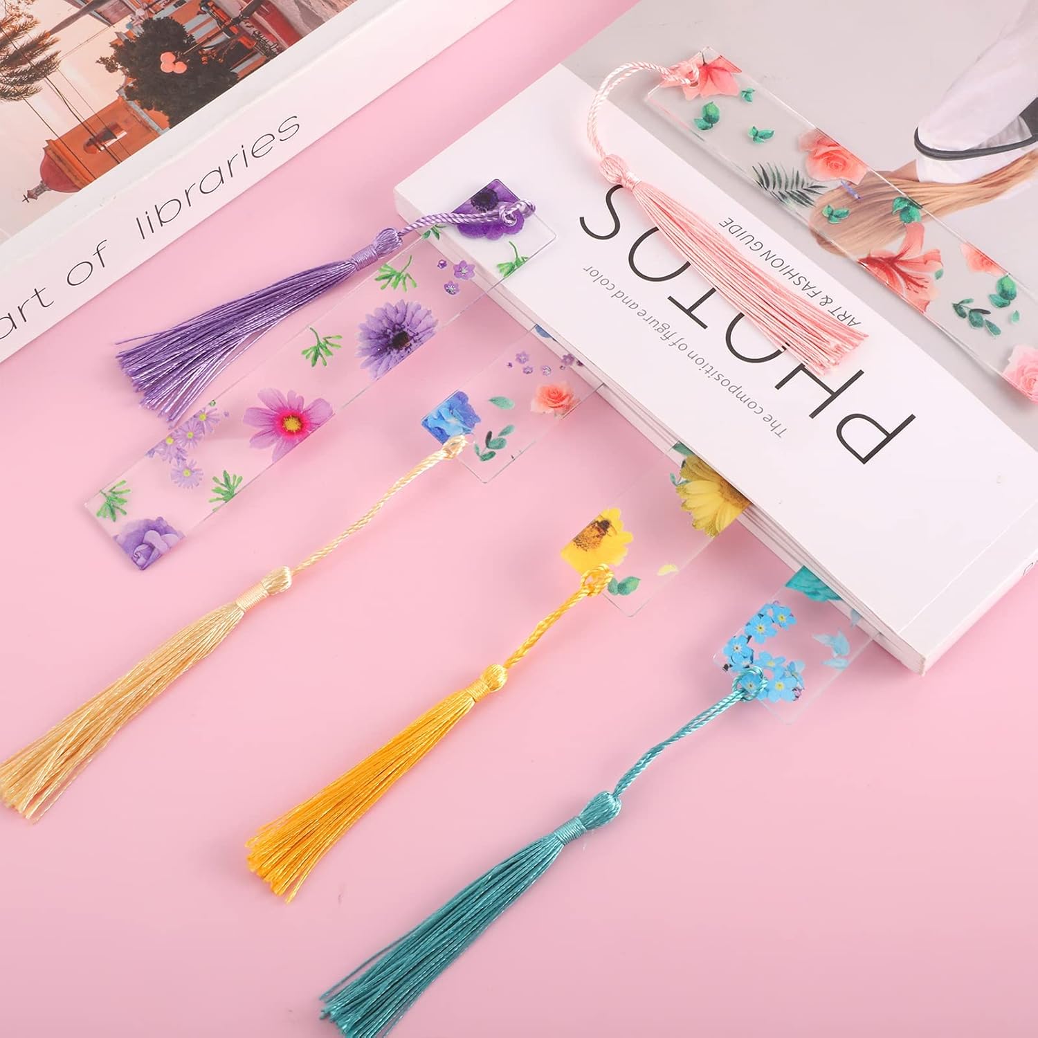 20Pcs Flower Resin Bookmark Transparent Floral Bookmarks for Women Cute Bookmarks Flower Page Marker with Tassels Graduation Gifts for Women - Image 7