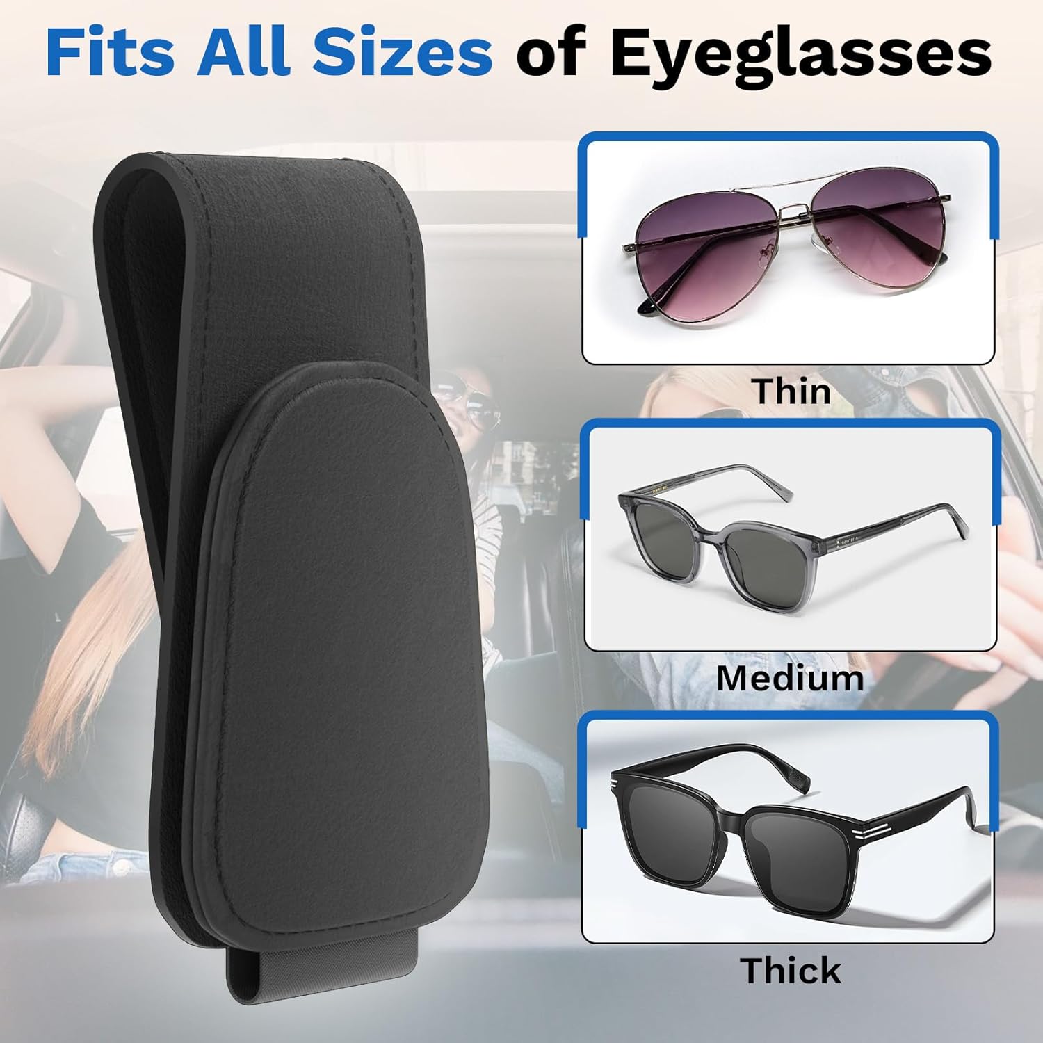 BFXM Sunglass Holder for Car, Car Accessories Interior, Leather Clip Magnetic Car Sunglass Holder, Cars Sun Visor Ticket Card Clip, Universal Truck Accessories (Black)