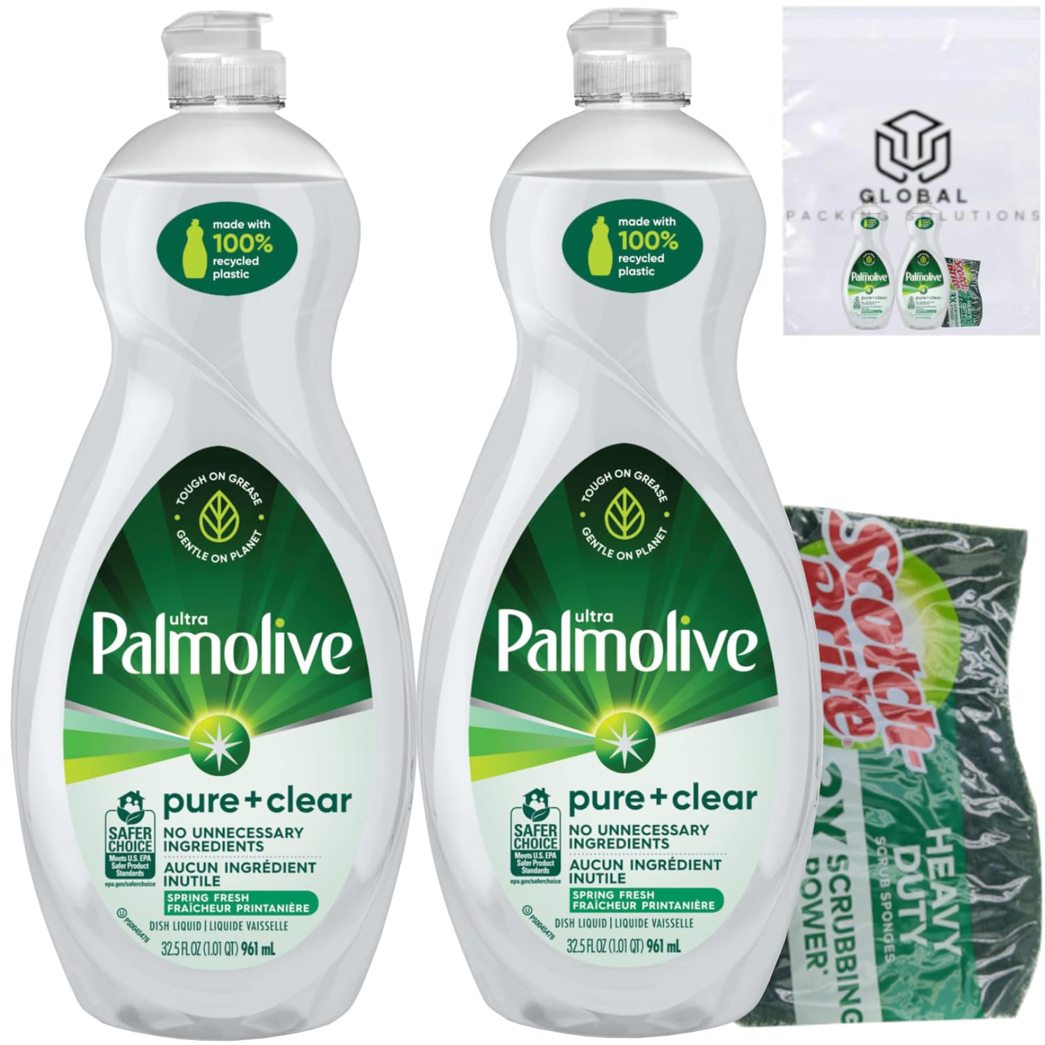 Ultra Palmolive Hypoallergenic Pure Clear Dish Soap, Unscented, 32.5 Fl Oz (Pack of 2) bundled with Heay Duty Scotch Brite Sponge