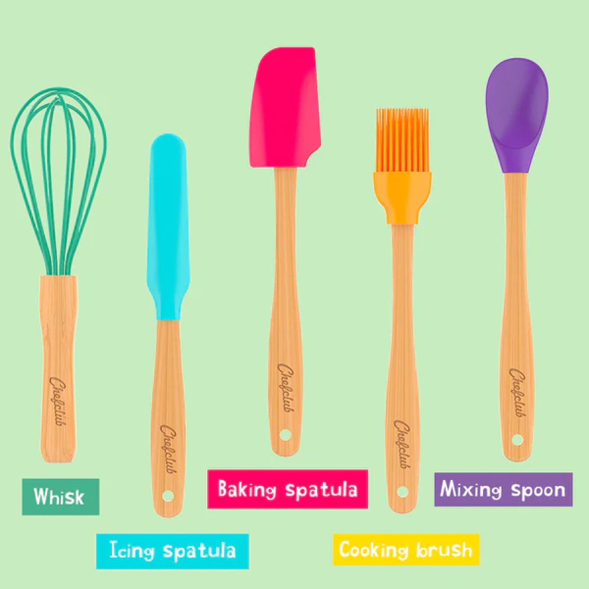 Chefclub Kids Cooking 5-Piece Utensils Set Heat Resistant Non Stick Silicone for Kids and Beginner Cooking, Kitchen & Cookware Gadgets - Cooking, Mixing, Whisking, Brushing - Image 3