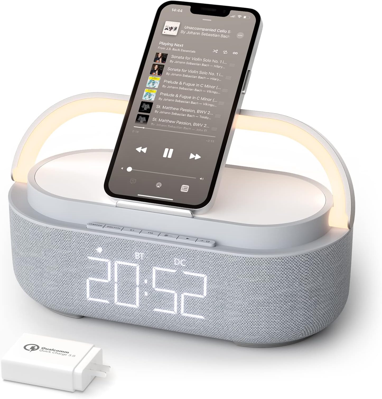 Bluetooth Speaker Alarm Clock with Wireless Charger, FM Radio, Adjustable LED Night Light, 6 in 1 Bedroom Portable Speaker 2500mAh, Phone Stand for Bedside, Home, Office, Gift (Gray)