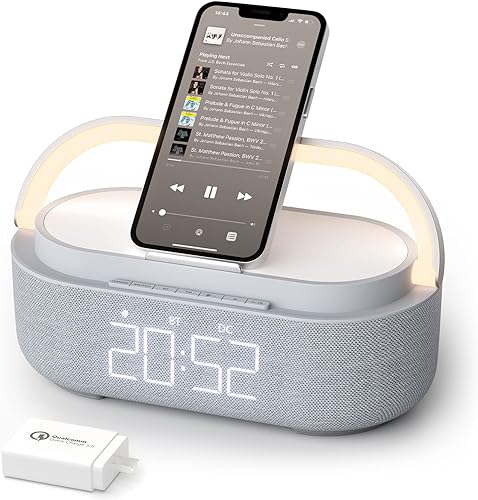 Bluetooth Speaker with Wireless Charger, FM Radio, Dimmable Bedside LED Night Light, Stereo Sound Dual Wireless Speakers, 2500mAh Portable Speaker for Home Decoration, Bedroom, Office, Gift