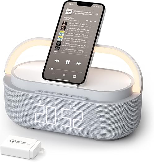 COLSUR Bluetooth Speaker Alarm Clock with Wireless Charger, FM Radio, Adjustable LED Night Light, 6