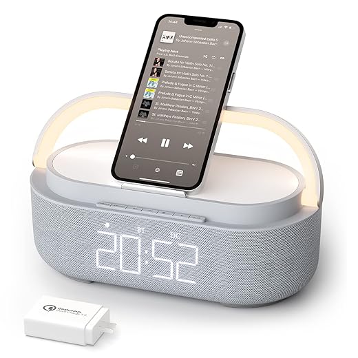COLSUR Bluetooth Speaker Alarm Clock with Wireless Charger, FM Radio, Adjustable LED Night Light, 6