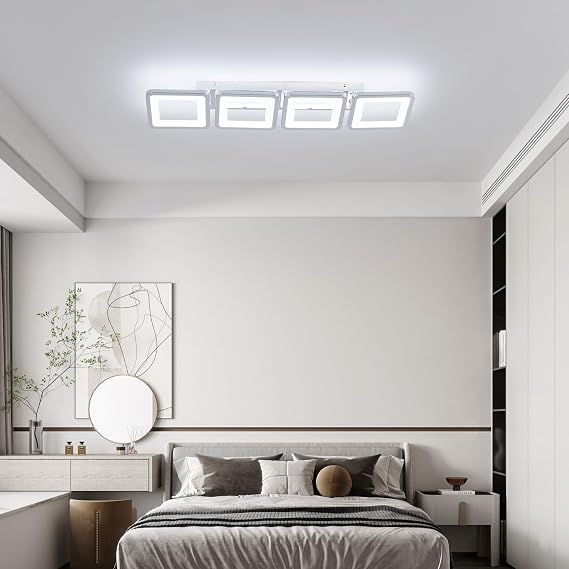 Modern Ceiling Light LED, 69cm Silver LED Dimmable Ceiling Lights Fixtures with Remote Control, 4-Square Silver Lamp for Dining Room Bedroom Office Kitchen Living Room Light - 52W [Energy Class E]