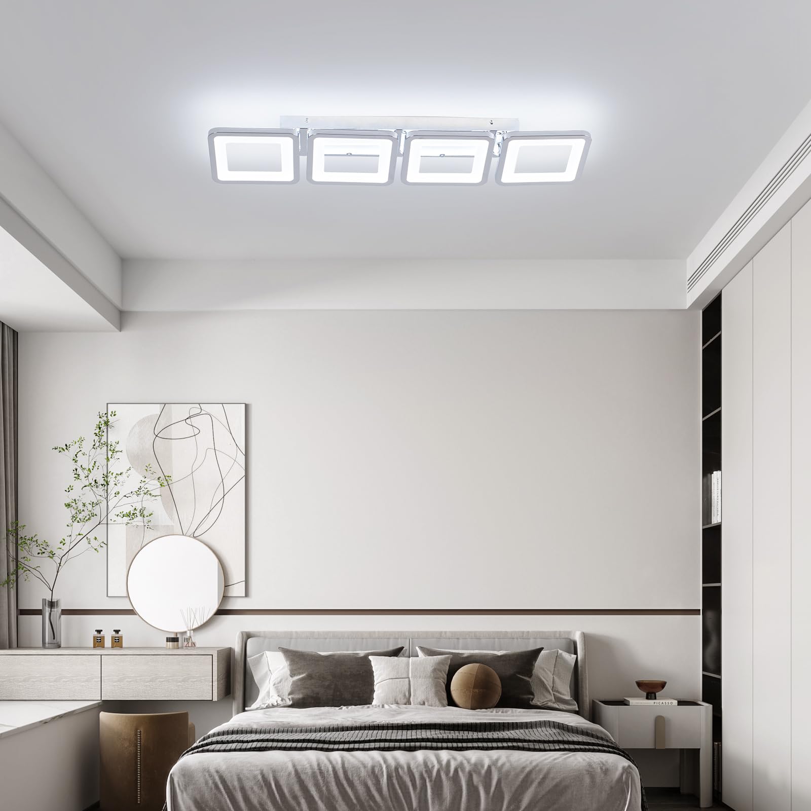 Lámpara de techo LED regulable (69 cm, con mando a distancia, 3000-6500 K, 4 cuadrados, plata, lámpara de techo para pasillo, comedor, dormitorio, oficina, cocina, salón